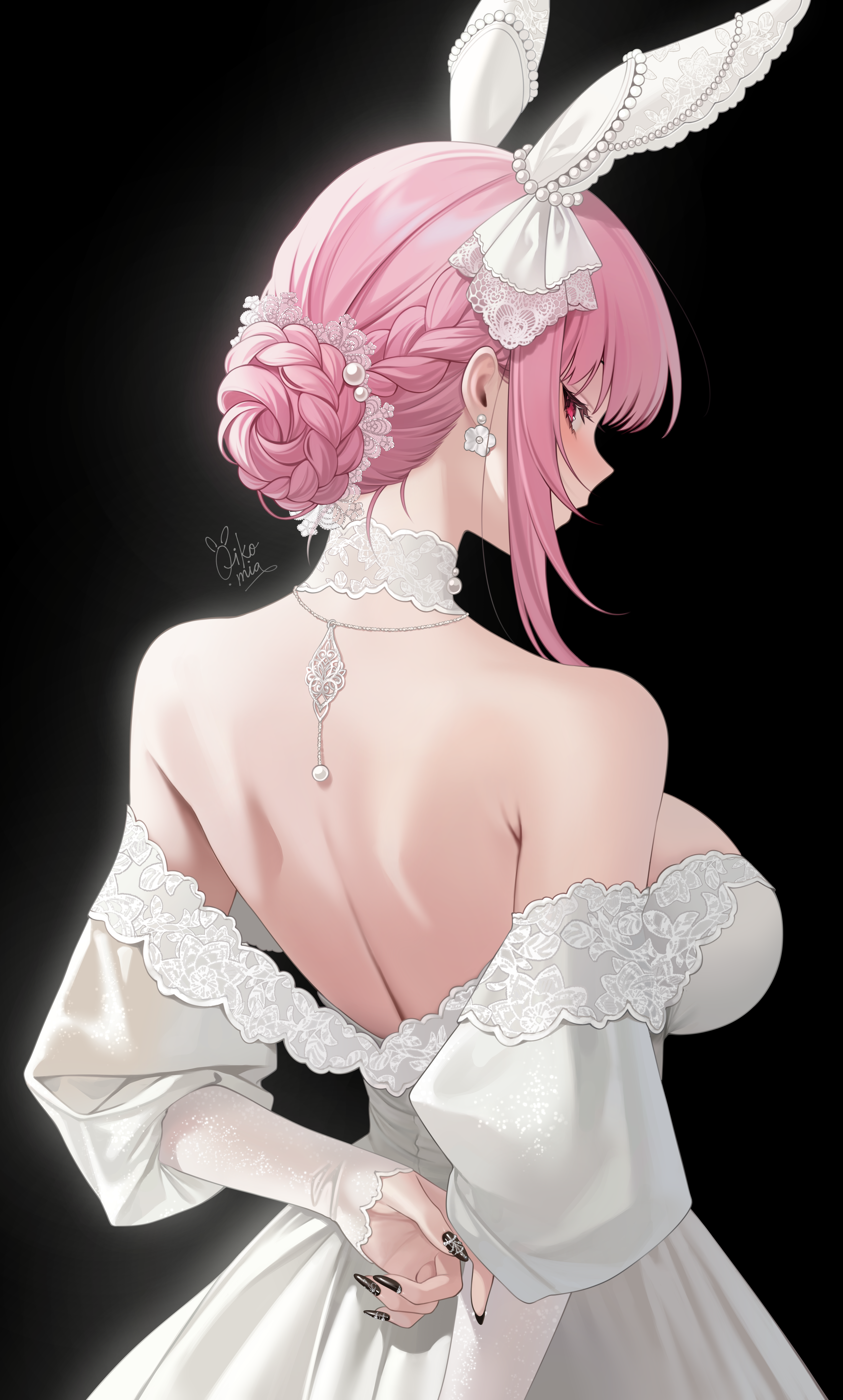 oikomia, mori calliope, hololive, hololive english, absurdres, commentary, english commentary, highres, 1girl, alternate costume, animal ears, arm behind back, back, backless dress, backless outfit, bare shoulders, black nails, braid, braided bun, breasts, choker, dress, earrings, fake animal ears, flower earrings, from behind, glance, hair bun, jewelry, juliet sleeves, lace, lace-trimmed dress, lace trim, large breasts, long sleeves, looking at viewer, looking back, median furrow, nail art, off-shoulder dress, off shoulder, pink eyes, pink hair, puffy sleeves, short hair, simple background, single hair bun, sleeves past wrists, solo, strapless, strapless dress, virtual youtuber, wedding dress, white choker, white dress