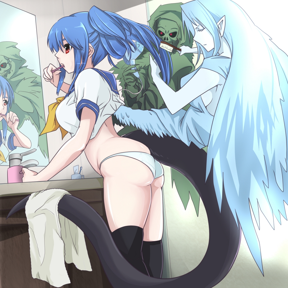 koyama (gantz0409jp), dizzy (guilty gear), necro (guilty gear), undine (guilty gear), arc system works, guilty gear, 1girl, ass, asymmetrical wings, bathroom, blue hair, blue sailor collar, breasts, brushing teeth, hair brush, hair dryer, large breasts, mirror, mundane utility, panties, pointy ears, red eyes, reflection, sailor collar, school uniform, sideboob, slice of life, tail, thighhighs, toothbrush, towel, underwear, wings