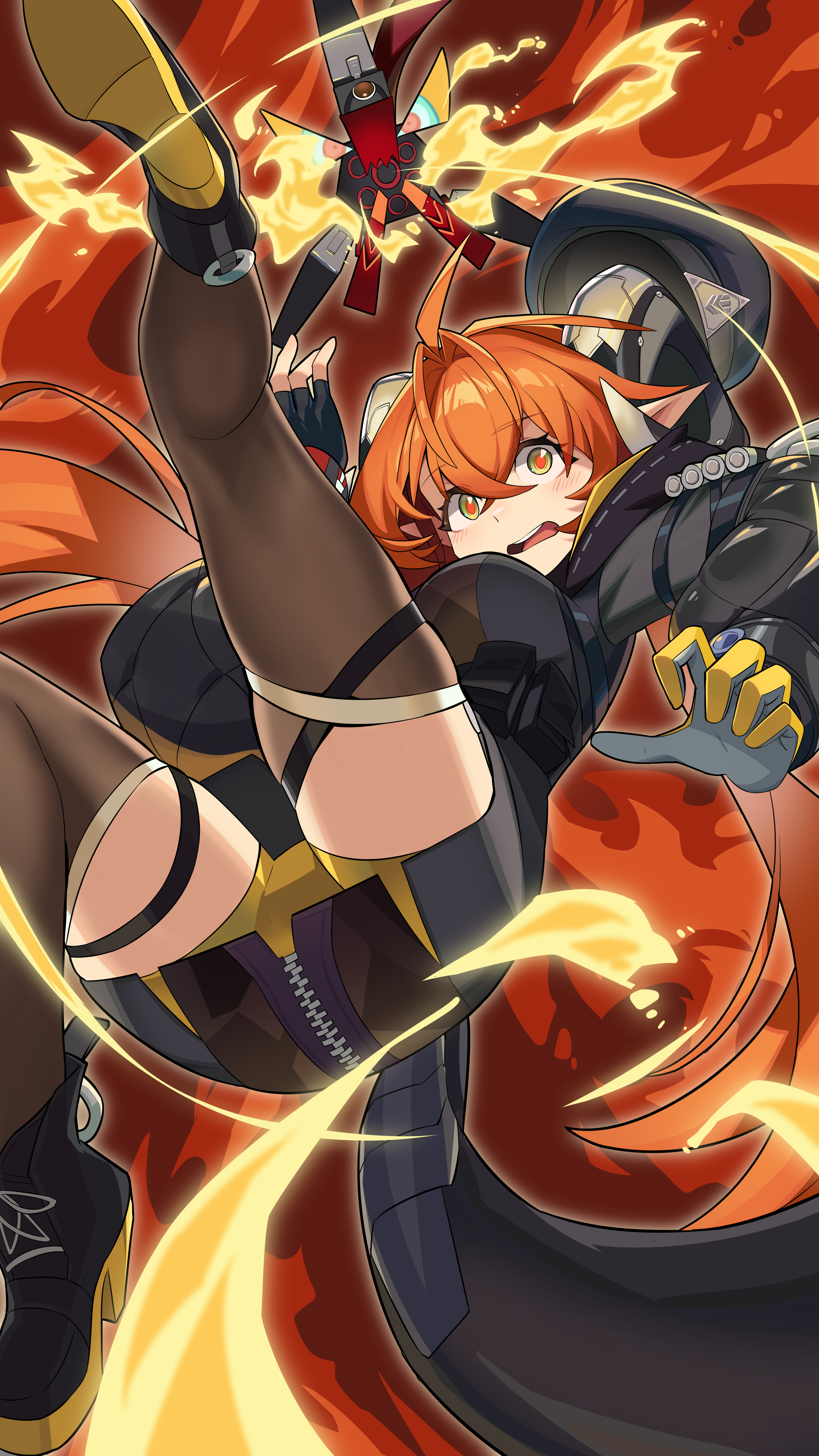 casa chushouye, magus (zenless zone zero), orphie magnusson, zenless zone zero, absurdres, highres, 1girl, asymmetrical gloves, beret, brown thighhighs, curled horns, fire, gloves, green eyes, hat, horns, long hair, mechanical tail, mismatched gloves, orange hair, pointy ears, tail, thighhighs, twintails