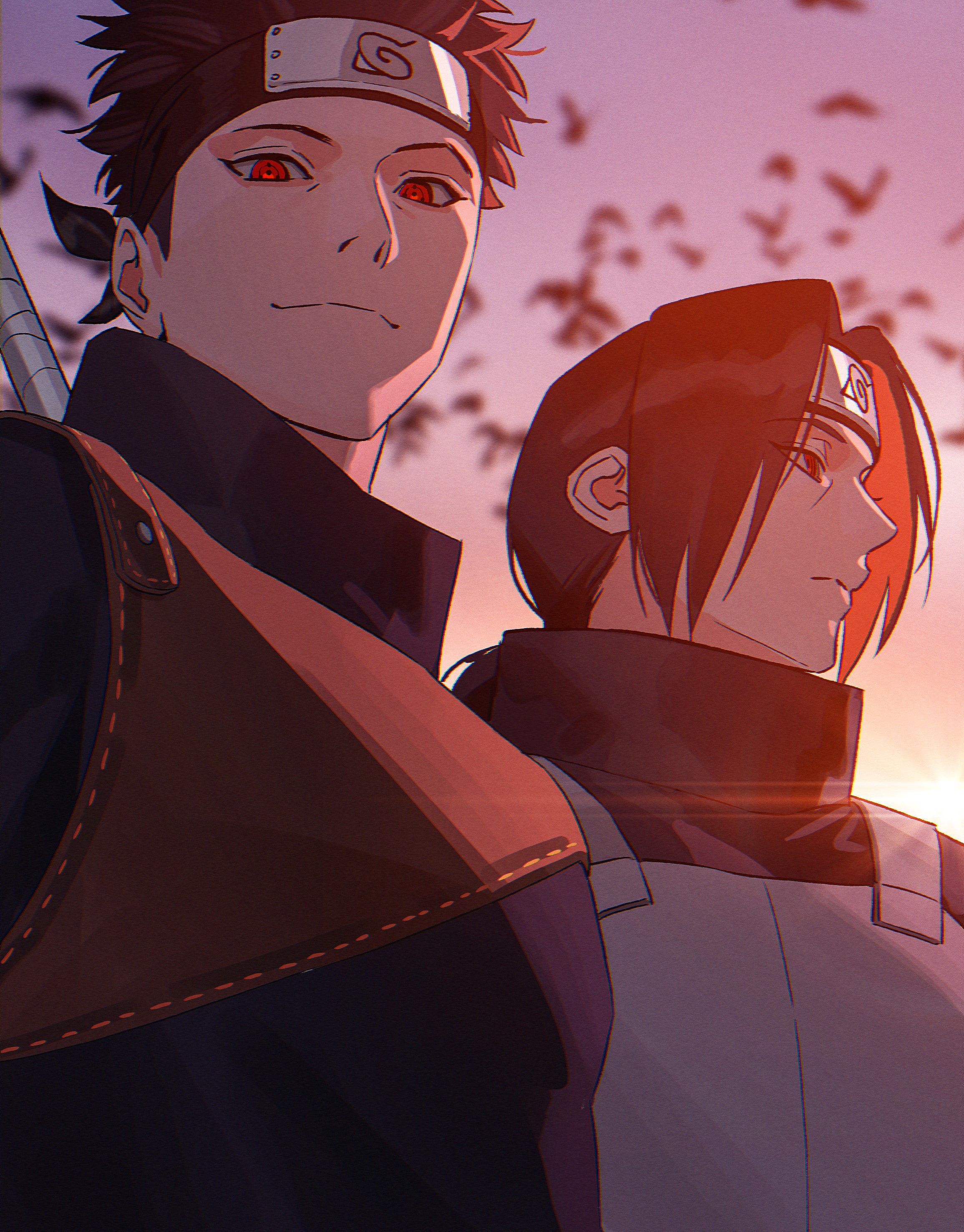 uchiha itachi, uchiha shisui, naruto (series), naruto shippuuden, absurdres, commentary request, highres, korean commentary, 2boys, bird, black hair, closed mouth, crow, forehead protector, from below, high collar, konohagakure anbu uniform, konohagakure symbol, looking at viewer, looking to the side, m0 mo momo, male focus, multiple boys, ninja, red eyes, sharingan, short hair, sky, sunset, upper body