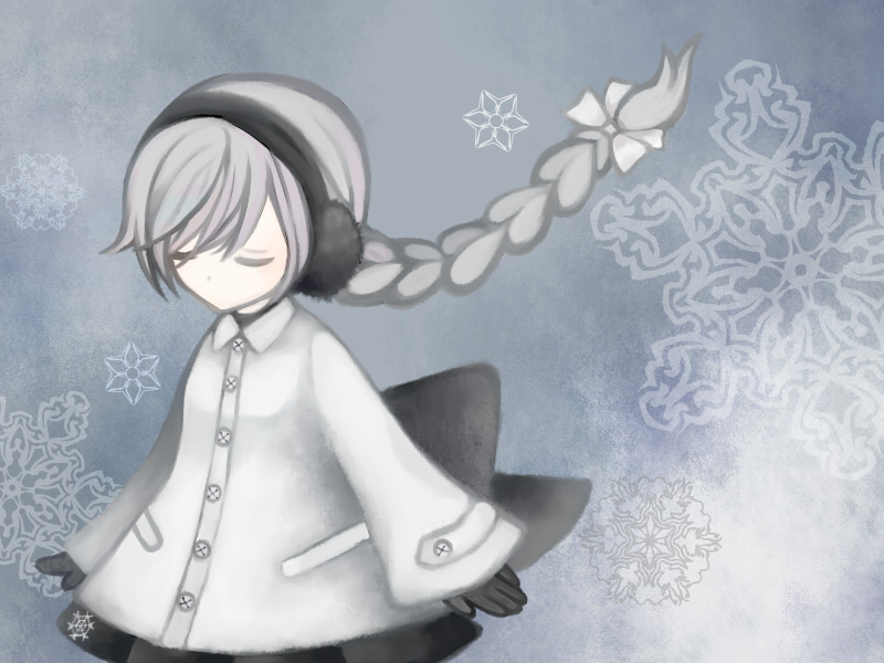 tsunoyomogi amahashi, sekka yufu, utau, vocaloid, silver hair, 1girl, braid, closed eyes, coat, female focus, gloves, hair ribbon, headset, ribbon, solo