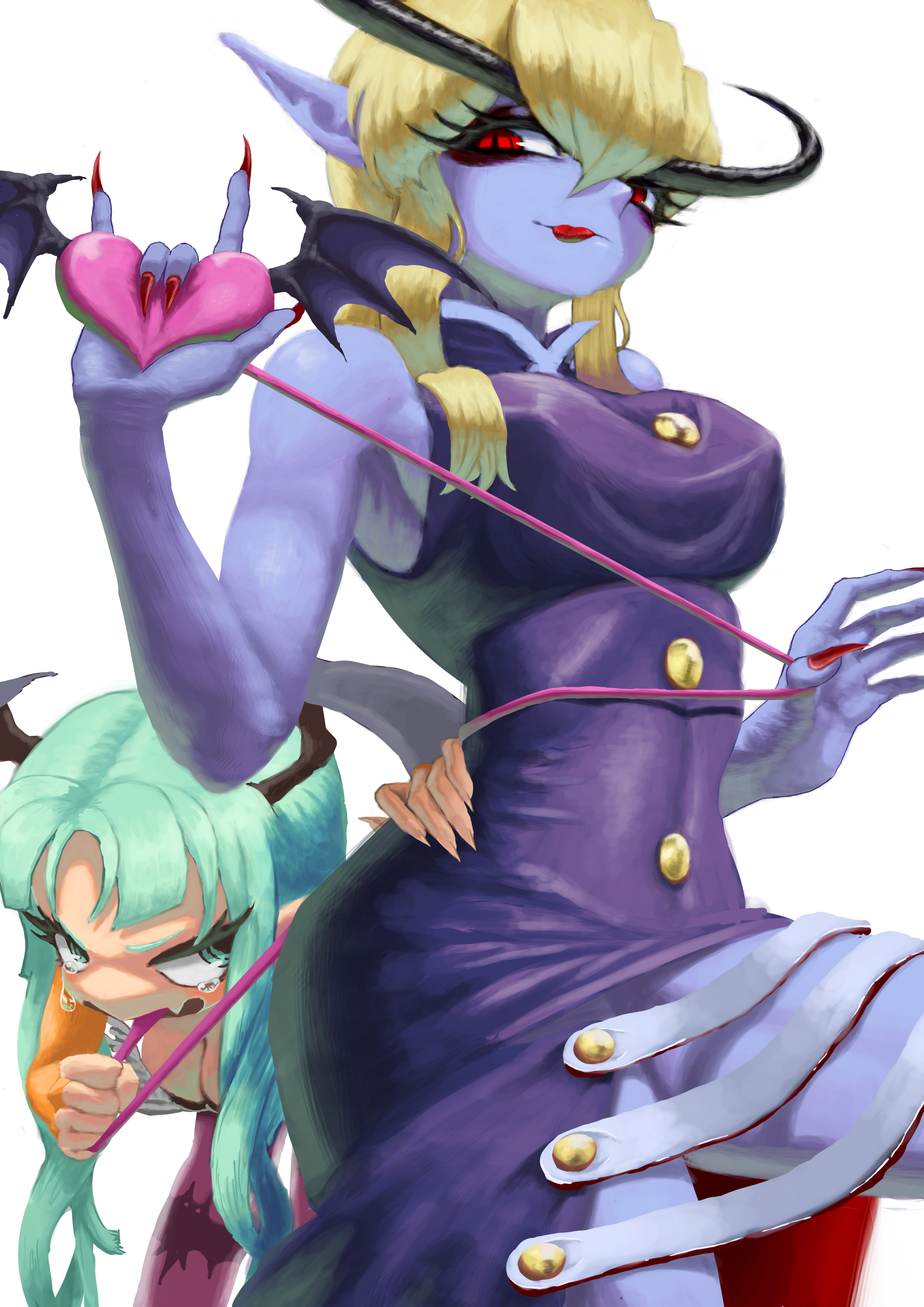 nojob hiro, jedah dohma, morrigan aensland, darkstalkers, absurdres, commentary, highres, 2girls, animal print, bat print, bat wings, blonde hair, blue skin, colored skin, demon girl, dress, genderswap, genderswap (mtf), head wings, heart, holding, holding heart, monster girl, multiple girls, pantyhose, red eyes, red nails, white background, wings