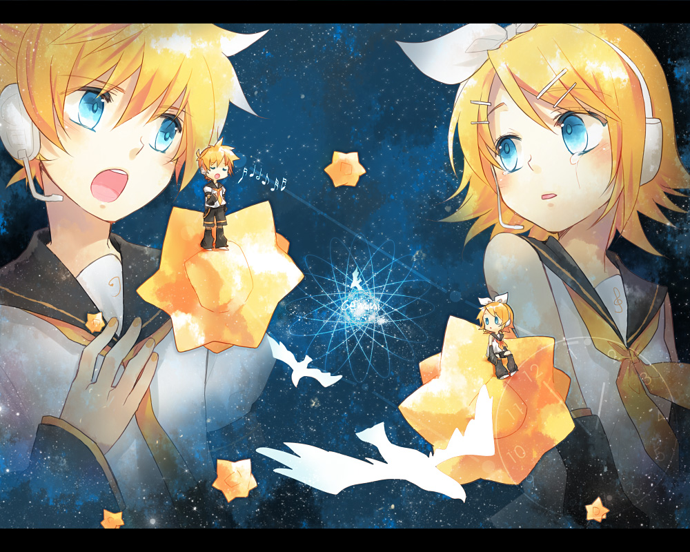 renta, renta (deja-vu), kagamine len, kagamine rin, gemini (vocaloid), vocaloid, bad id, bad pixiv id, 1boy, 1girl, blonde hair, blue eyes, brother and sister, detached sleeves, hair ornament, hairclip, headphones, letterboxed, music, musical note, necktie, short hair, siblings, singing, star (symbol), tears, twins