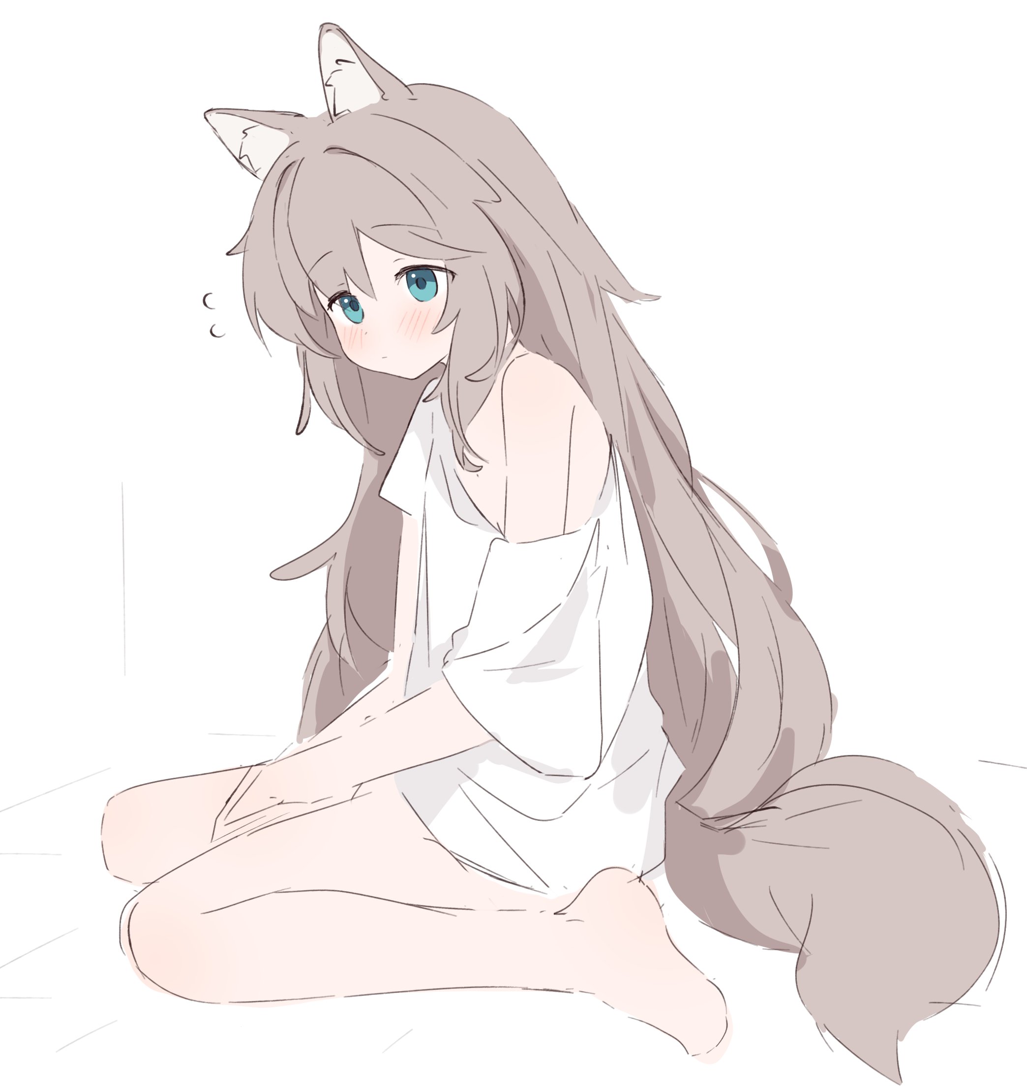 riya (01214), original, highres, 1girl, animal ear fluff, animal ears, bare legs, barefoot, between legs, blue eyes, blush, brown hair, flying sweatdrops, full body, hair between eyes, hand between legs, long hair, off shoulder, shirt, short sleeves, simple background, sitting, solo, tail, very long hair, wariza, white background, white shirt