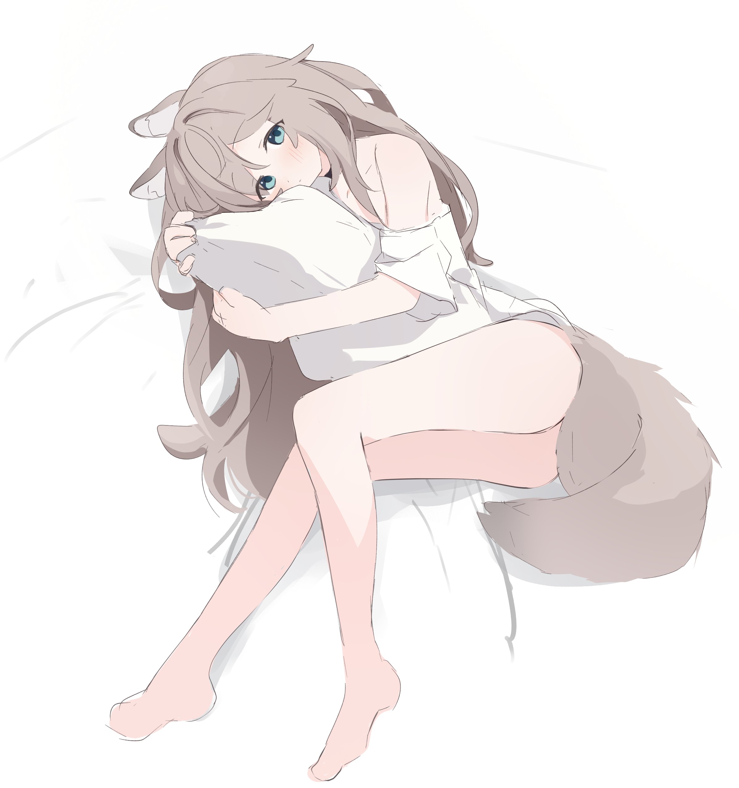 riya (01214), original, absurdres, highres, 1girl, animal ear fluff, animal ears, ass, bare shoulders, barefoot, bed sheet, blue eyes, blush, brown hair, closed mouth, full body, hugging object, knees together feet apart, long hair, looking at viewer, lying, no panties, off shoulder, on side, pillow, pillow hug, shirt, short sleeves, solo, tail, very long hair, white background, white shirt