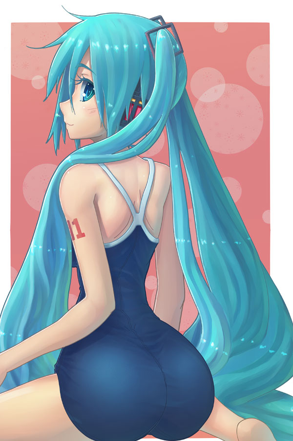 stsugar, hatsune miku, vocaloid, bad id, bad pixiv id, 1girl, aqua eyes, aqua hair, ass, barefoot, blush, female focus, headphones, long hair, looking back, one-piece swimsuit, sitting, smile, solo, swimsuit, twintails, very long hair