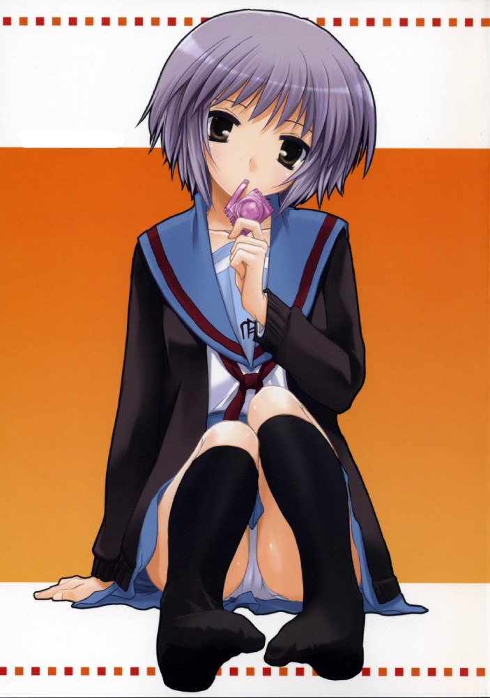 nakajima yuka, nagato yuki, suzumiya haruhi no yuuutsu, 00s, 1girl, brown eyes, condom, feet, female focus, panties, purple hair, school uniform, short hair, sitting, socks, solo, underwear