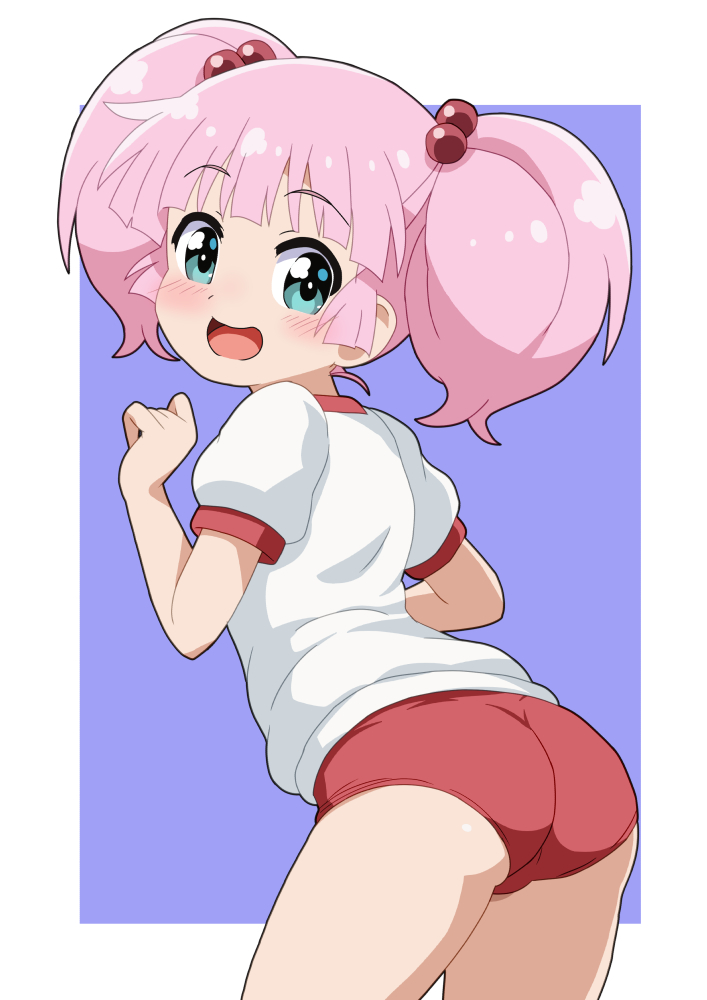 johnko , yoshikawa chinatsu, yuruyuri, 1girl, ass, blush, buruma, dot nose, feet out of frame, female focus, gym uniform, hair bobbles, hair ornament, legs, looking at viewer, open mouth, pink hair, red buruma, shirt, short hair, short sleeves, solo, standing, t-shirt, thick thighs, thighs, white shirt