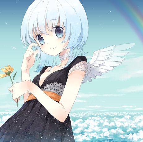 tiv, original, lowres, 1girl, blue eyes, cloud, day, female focus, flower, gradient hair, multicolored hair, rainbow, sky, solo, wings