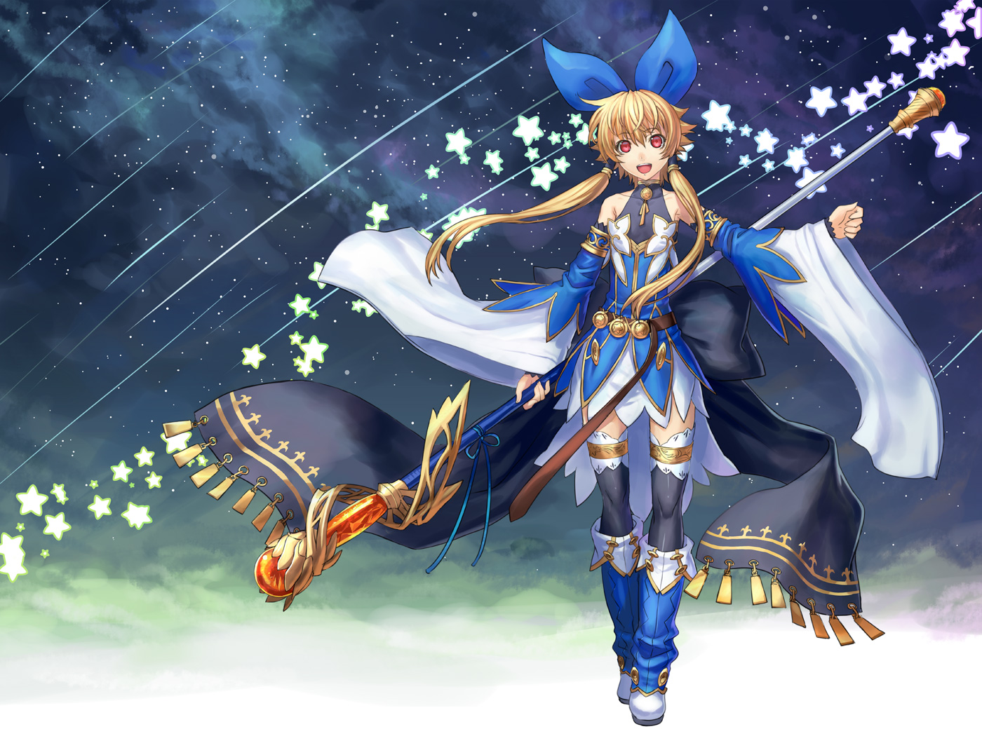 ran'ou (tamago no kimi), meryl star, shinrabanshou, 1girl, bare shoulders, blonde hair, bow, female focus, hair bow, long hair, open mouth, red eyes, smile, solo, staff, star (symbol), thighhighs, twintails