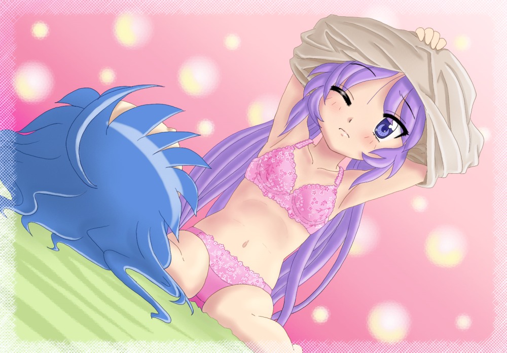 chunpai, hiiragi kagami, izumi konata, lucky star, 00s, 2girls, ahoge, blue hair, blush, bra, lingerie, long hair, lying, multiple girls, one eye closed, panties, purple hair, underwear, underwear only, undressing, wink, yuri