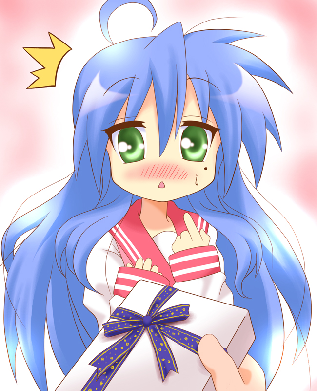 izumi konata, lucky star, 00s, 1girl, ahoge, blue hair, blush, female focus, gift, giving, green eyes, holding, holding gift, long hair, mole, mole under eye, pov, school uniform, serafuku, solo, solo focus, surprised