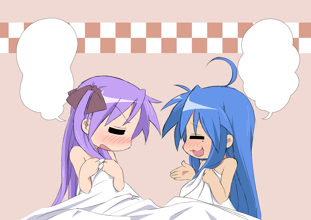 mountain pukuichi, hiiragi kagami, izumi konata, lucky star, 00s, 2girls, :3, ahoge, bare shoulders, bed sheet, blank speech bubble, blue hair, blush, bow, hair bow, long hair, mole, mole under eye, multiple girls, purple hair, speech bubble, twintails, yuri