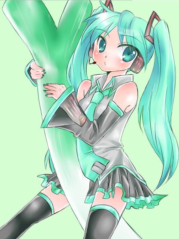 hatsune miku, vocaloid, aqua eyes, aqua hair, headset, long hair, necktie, solo, spring onion, square-end necktie, thighhighs, twintails, very long hair