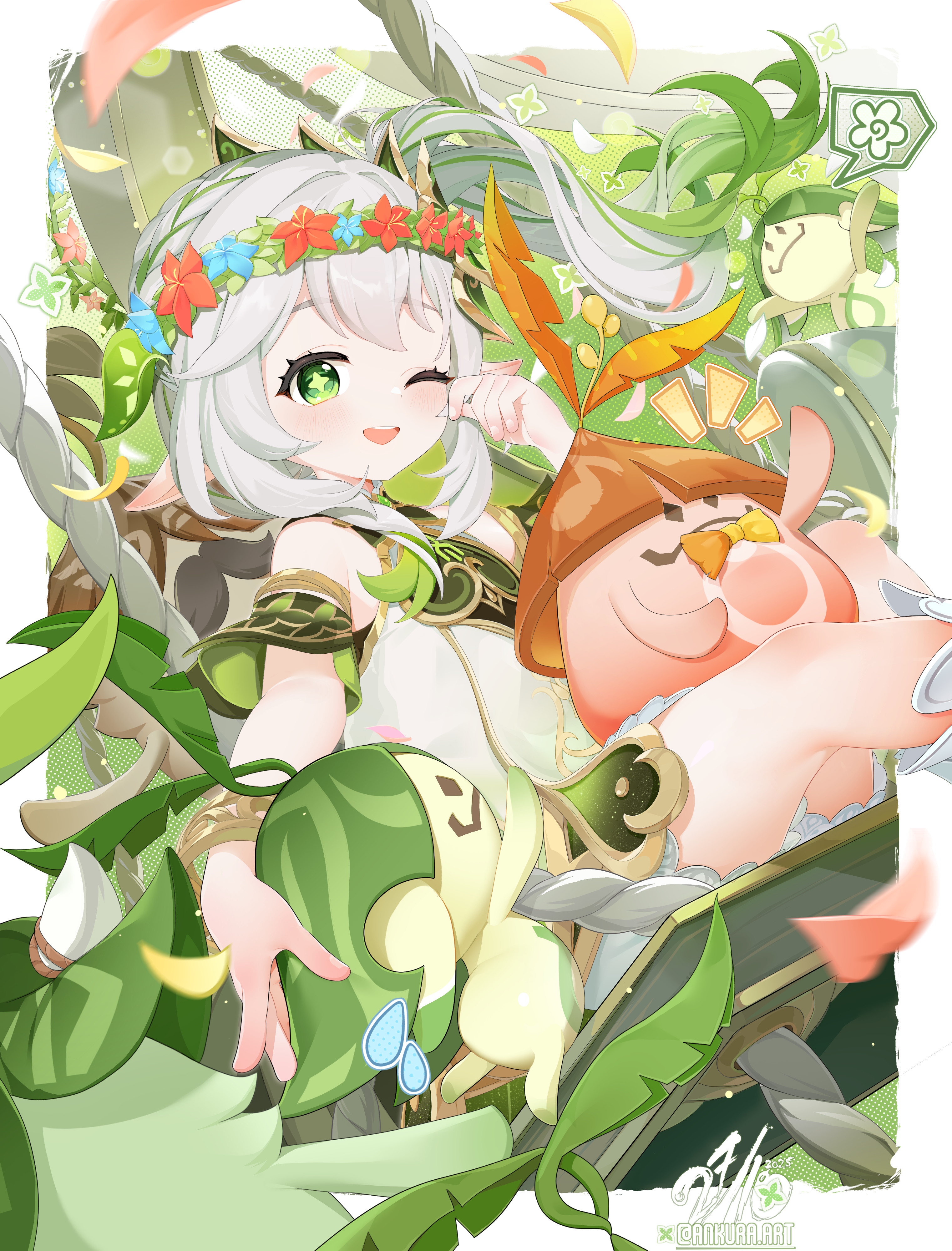 nahida (genshin impact), genshin impact, absurdres, commentary, highres, making-of available, 1girl, ankura, bare shoulders, bloomers, blue flower, blush, bracelet, dated, detached sleeves, dress, feet out of frame, flower, gradient hair, green eyes, green hair, green sleeves, hair ornament, hand up, jewelry, leaf hair ornament, long hair, looking at viewer, multicolored hair, on swing, one eye covered, open mouth, pointy ears, red flower, side ponytail, signature, sitting, sleeveless, sleeveless dress, solo, star-shaped pupils, star (symbol), swing, symbol-shaped pupils, teeth, underwear, upper teeth only, white bloomers, white dress, white hair