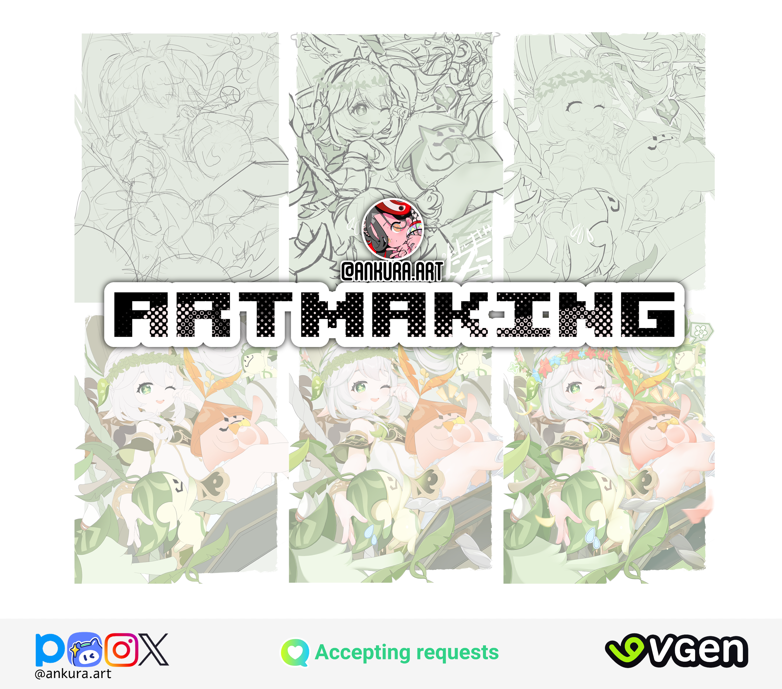 nahida (genshin impact), genshin impact, absurdres, commentary, highres, making-of, 1girl, ankura, bare shoulders, bloomers, blue flower, blush, bracelet, dated, detached sleeves, dress, feet out of frame, flower, gradient hair, green eyes, green hair, green sleeves, hair ornament, hand up, jewelry, leaf hair ornament, long hair, looking at viewer, multicolored hair, on swing, one eye covered, open mouth, pointy ears, red flower, side ponytail, signature, sitting, sleeveless, sleeveless dress, solo, star-shaped pupils, star (symbol), swing, symbol-shaped pupils, teeth, underwear, upper teeth only, white bloomers, white dress, white hair