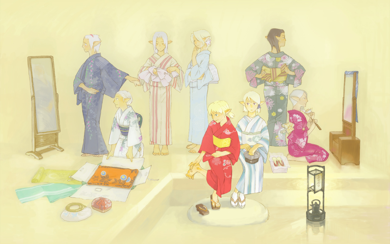 kakanat, nanashiri, elvaan, final fantasy, final fantasy xi, commentary, translation request, 00s, 6+girls, barefoot, blonde hair, blue eyes, brown hair, elf, geta, japanese clothes, kimono, mirror, multiple girls, pointy ears, seiza, sitting, standing, white hair