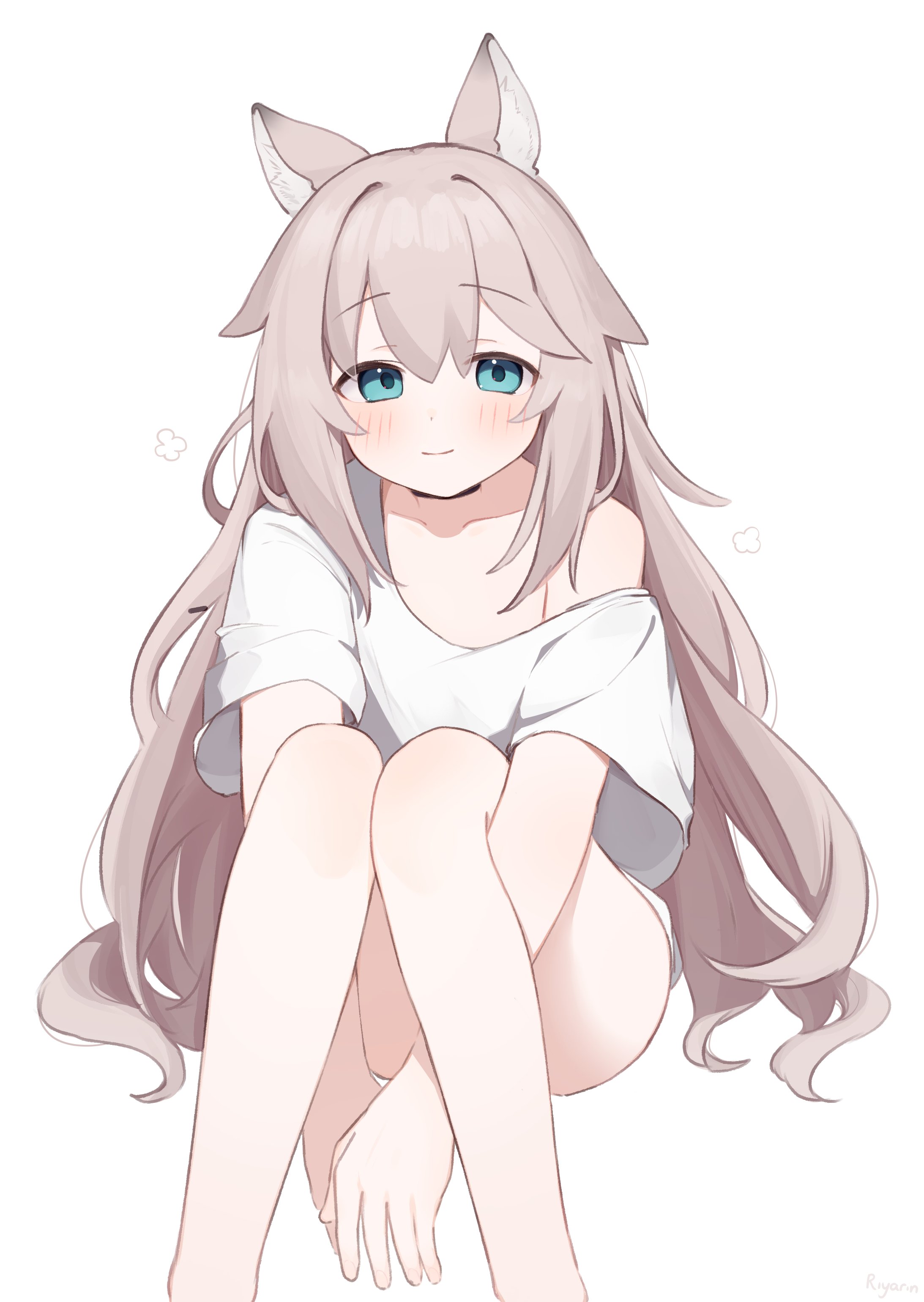 riya (01214), original, absurdres, highres, 1girl, animal ear fluff, animal ears, blue eyes, blush, brown hair, closed mouth, feet out of frame, hugging own legs, knees up, long hair, looking at viewer, off shoulder, shirt, short sleeves, simple background, sitting, smile, solo, very long hair, white background, white shirt, wide sleeves
