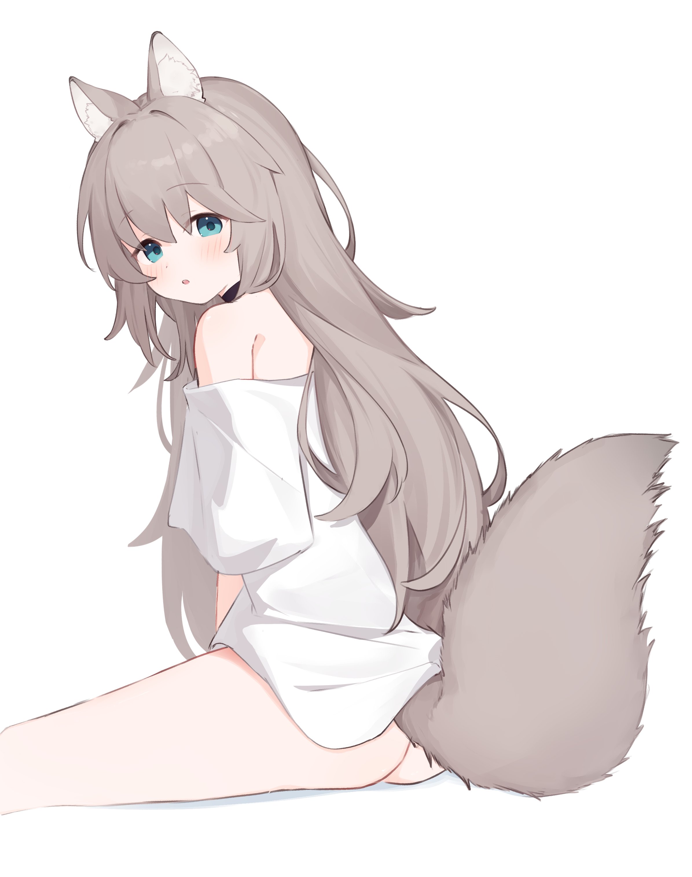 riya (01214), original, absurdres, highres, 1girl, animal ear fluff, animal ears, bare shoulders, blue eyes, blush, brown hair, from side, hair between eyes, long hair, looking at viewer, looking to the side, no panties, off shoulder, parted lips, shirt, short sleeves, simple background, sitting, solo, tail, very long hair, white background, white shirt, wide sleeves