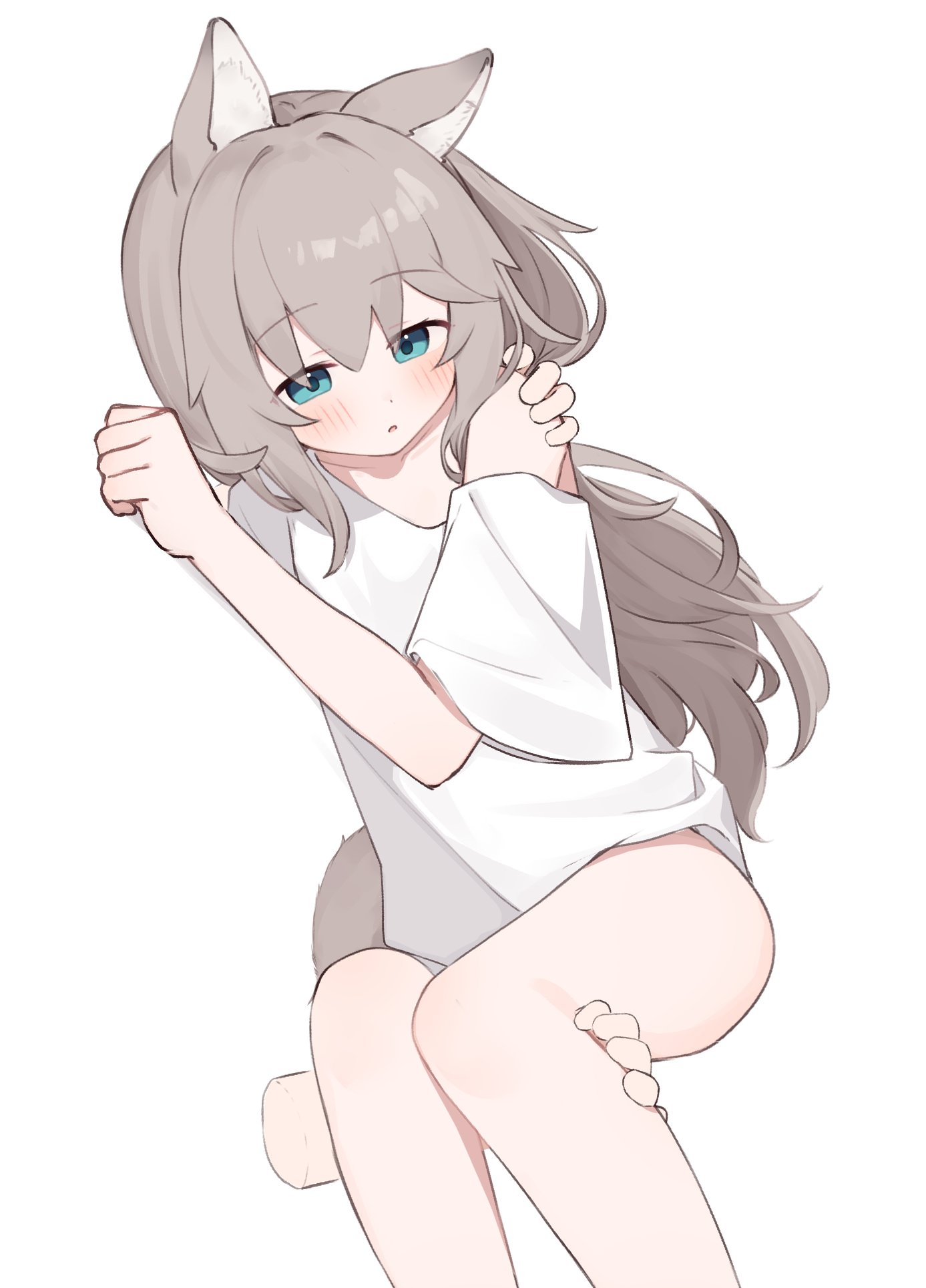 riya (01214), original, highres, 1girl, 1other, animal ear fluff, animal ears, blue eyes, blush, brown hair, disembodied hand, feet out of frame, hair between eyes, hand up, long hair, off shoulder, parted lips, shirt, short sleeves, simple background, solo focus, tail, very long hair, white background, white shirt, wide sleeves