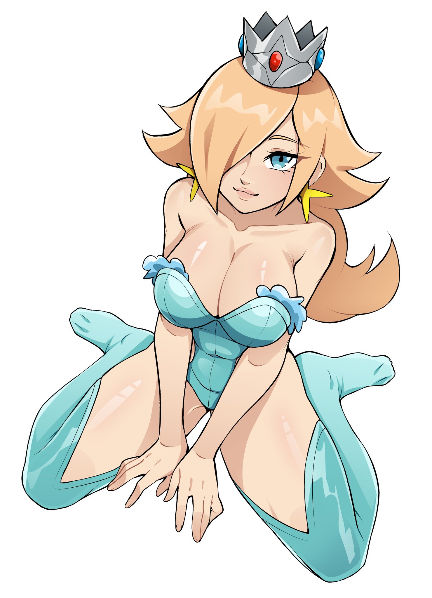 oninuer, rosalina, mario (series), nintendo, commentary, commission, english commentary, highres, paid reward available, 1girl, alternate costume, arms between legs, blonde hair, blue eyes, blue leotard, blue thighhighs, breasts, cleavage, closed mouth, collarbone, crown, earrings, full body, hair over one eye, jewelry, large breasts, leotard, lips, long hair, looking at viewer, no shoes, parted bangs, simple background, sitting, smile, solo, star (symbol), star earrings, strapless, strapless leotard, thighhighs, wariza, white background