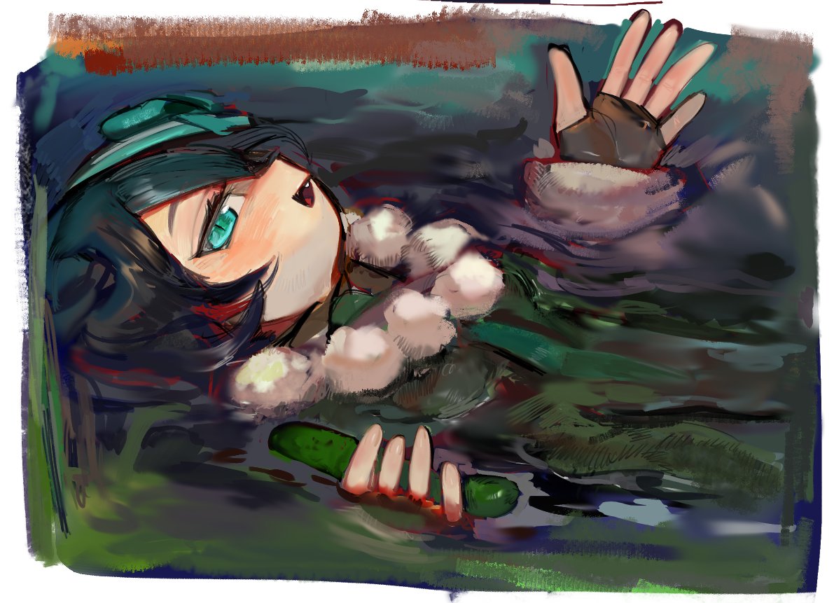 raichiyo, sagojo (kemono friends), kemono friends, 1girl, black hair, cucumber, fingerless gloves, gloves, green eyes, green jacket, green necktie, green ribbon, hair ornament, hair over one eye, jacket, jewelry, long hair, looking at viewer, necklace, necktie, ribbon, river, shirt, solo, swimming, white shirt