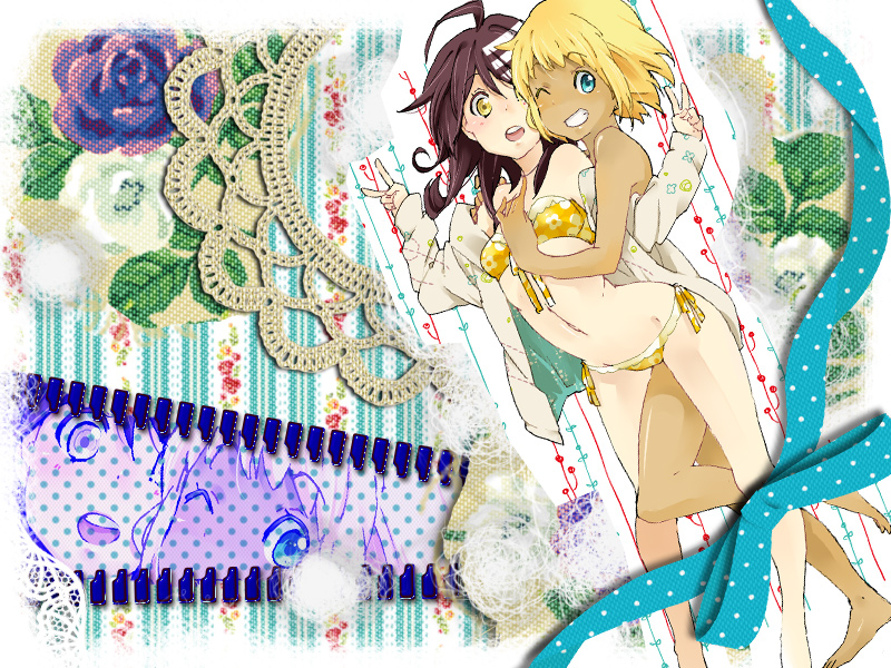 shuri (84k), death the kid, patricia thompson, k-on!, soul eater, gender request, 2girls, barefoot, bikini, black hair, blonde hair, dark-skinned female, dark skin, genderswap, grin, hug, multiple girls, one eye closed, parody, smile, style parody, swimsuit, v, wink