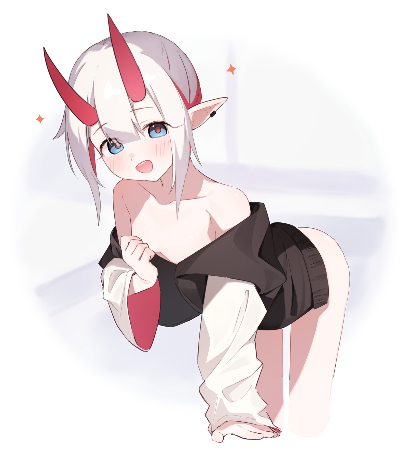 riya (01214), original, highres, 1girl, :d, arm support, black jacket, blue eyes, blush, breasts, ear piercing, grey hair, hair between eyes, horns, jacket, leaning forward, long sleeves, looking at viewer, multicolored hair, naked jacket, off shoulder, open clothes, open jacket, open mouth, piercing, pointy ears, red hair, short hair, sleeves past wrists, small breasts, smile, solo, sparkle, standing, streaked hair, wide sleeves