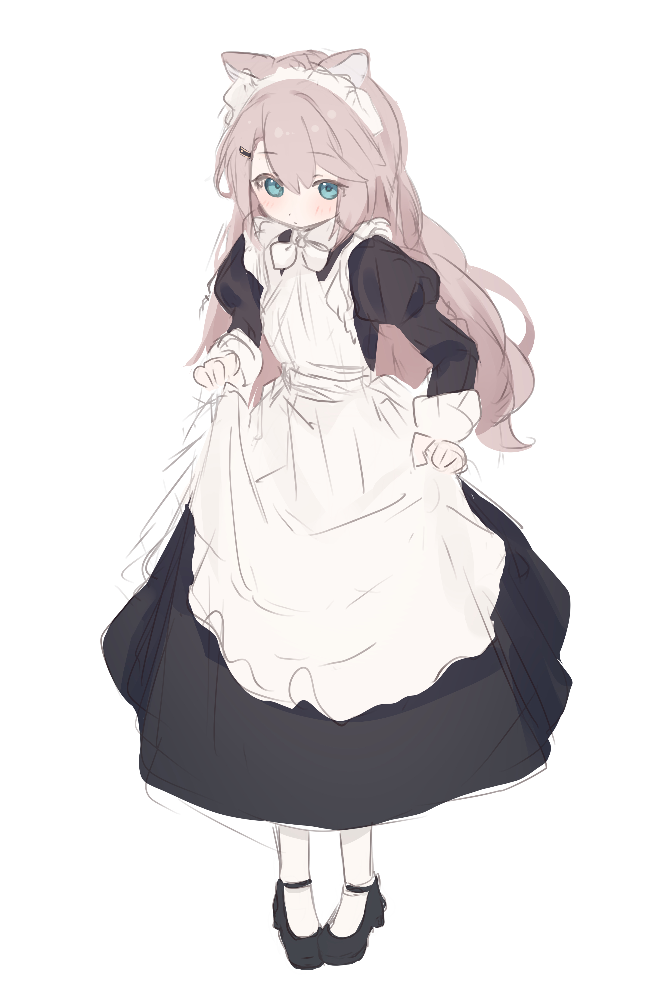 riya (01214), original, absurdres, highres, 1girl, animal ears, apron, apron hold, black dress, black shoes, blue eyes, blush, brown hair, closed mouth, dress, full body, hair between eyes, hair ornament, hairclip, juliet sleeves, long hair, long sleeves, looking at viewer, maid, maid apron, maid headdress, pantyhose, puffy sleeves, shoes, simple background, sketch, solo, standing, very long hair, white apron, white background, white pantyhose