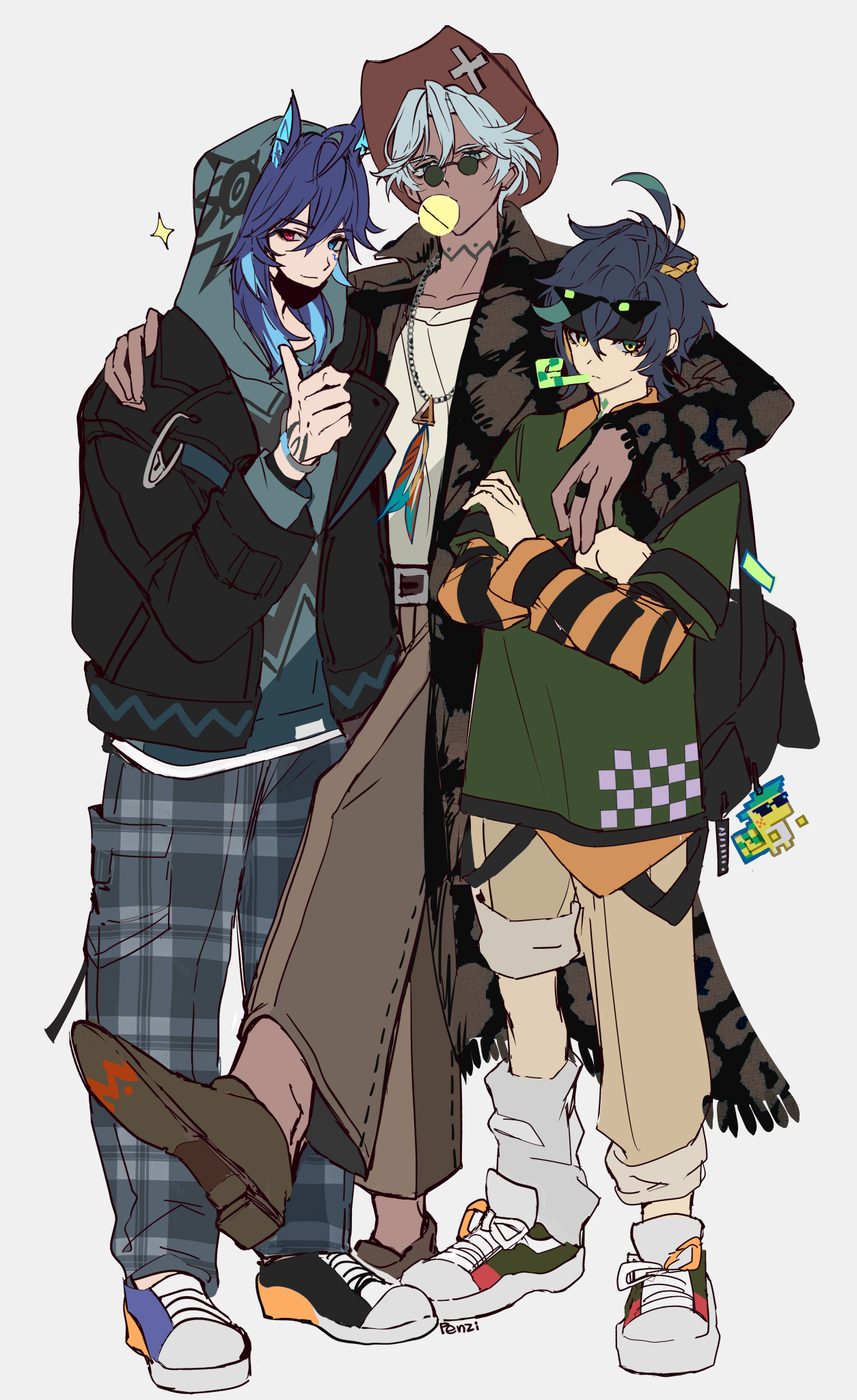 penzi (mok pen), ajaw (genshin impact), ifa (genshin impact), kinich (genshin impact), ororon (genshin impact), genshin impact, highres, 3boys, alternate costume, animal ears, antenna hair, arm around neck, bag, bat ears, black hair, blowing bubble gum, blue eyes, blue hair, brown hat, casual, chewing gum, closed mouth, coat, crossed arms, dark-skinned male, dark skin, earrings, eyewear on head, full body, glasses, green eyes, green hair, grey hair, hair between eyes, hand on another's shoulder, hand tattoo, hand up, hat, height difference, heterochromia, hood, hood up, hoodie, jacket, jewelry, layered sleeves, legs apart, light smile, long hair, long sleeves, looking at viewer, looking over eyewear, male focus, mask, mask pull, mouth mask, multicolored hair, multiple boys, neck tattoo, necklace, open clothes, open coat, orange hair, pants, pants rolled up, pince-nez, red eyes, ring, round eyewear, shirt, shoes, short hair, short over long sleeves, short sleeves, sidelocks, simple background, sneakers, spetsnaz, standing, standing on one leg, stud earrings, sunglasses, tattoo, thumbs up, two-tone hair