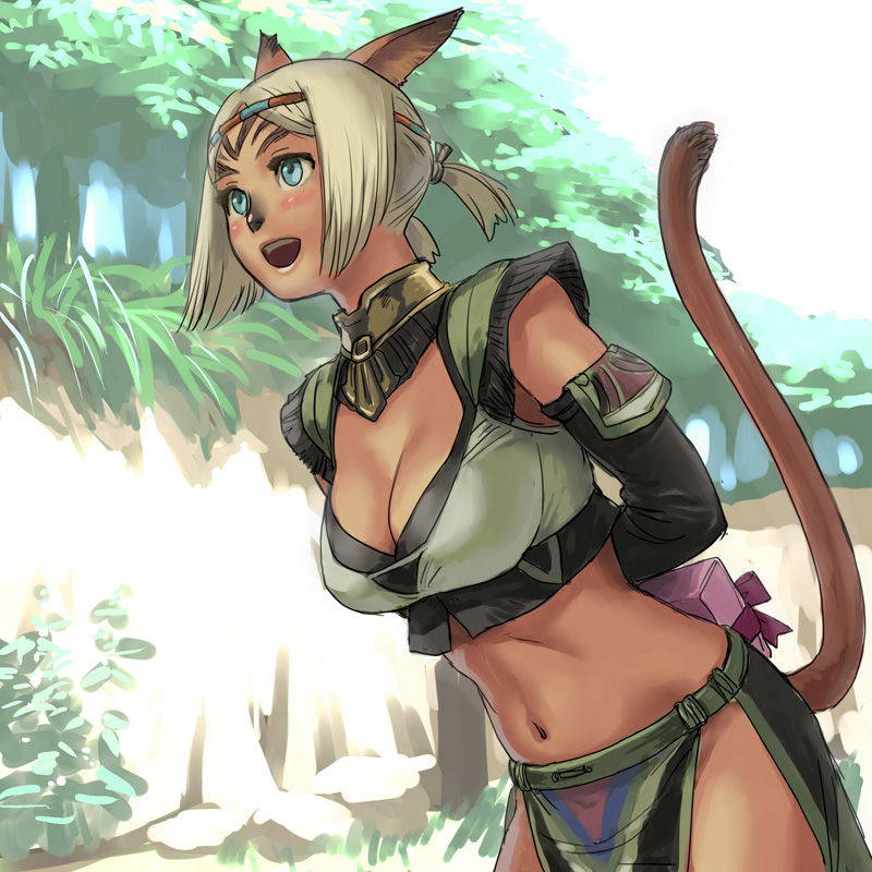 yuccoshi, mithra (ff11), final fantasy, final fantasy xi, commentary, translation request, 00s, 1girl, animal ears, arms behind back, blonde hair, blue eyes, breasts, cat ears, cat tail, cleavage, female focus, gift, headband, holding, holding gift, midriff, navel, open mouth, ponytail, short hair, solo, tail