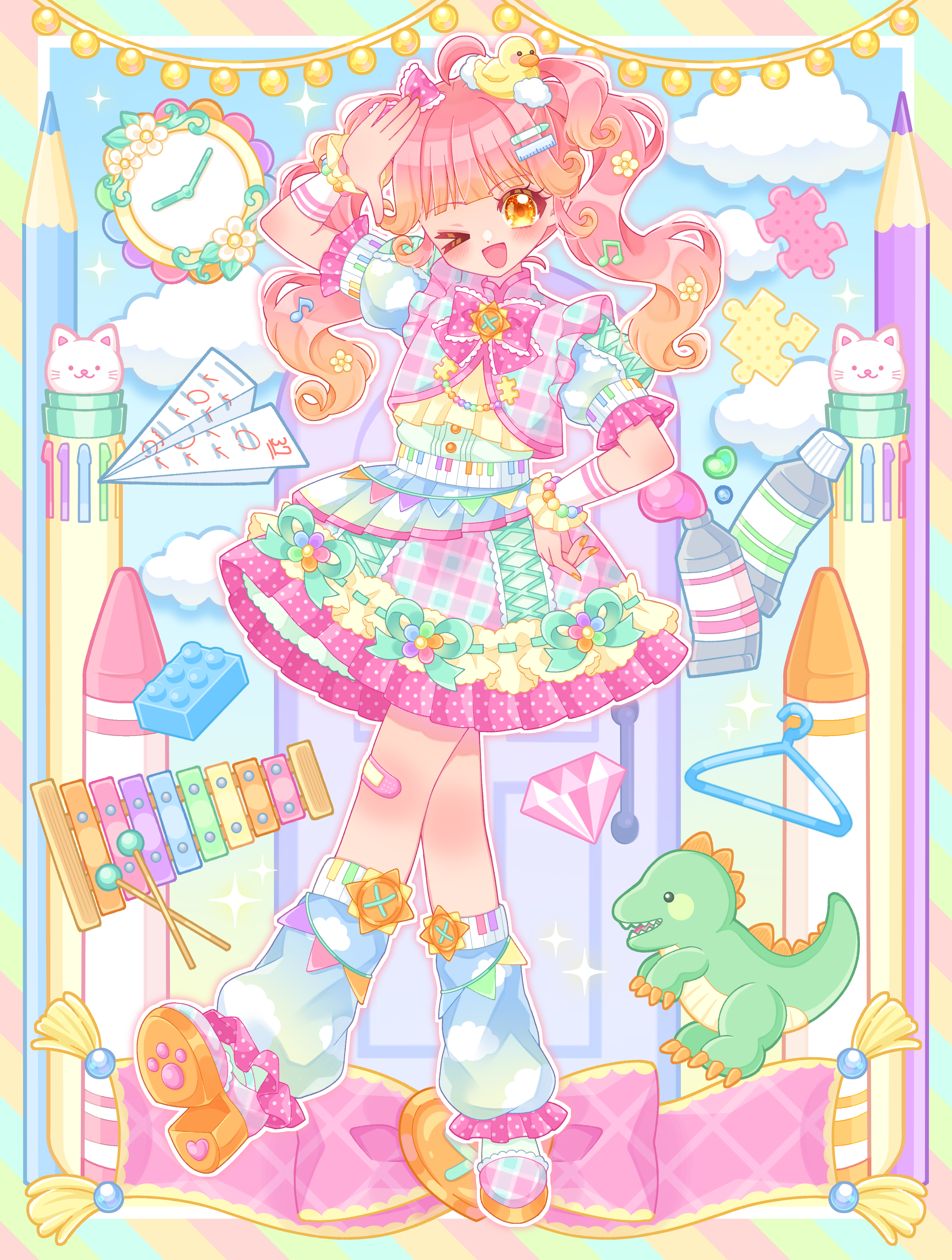 hiyoko miya, original, absurdres, commentary request, highres, > o, 1girl, bandaid, bandaid on knee, bandaid on leg, clock, colored pencil, dinosaur, dress, full body, hand on own hip, hand up, heisei retro, instrument, leg warmers, looking at viewer, multicolored dress, one eye closed, open mouth, paper airplane, pencil, pink hair, puffy short sleeves, puffy sleeves, short dress, short sleeves, smile, standing, toy, twintails, wrist cuffs, xylophone, yume kawaii