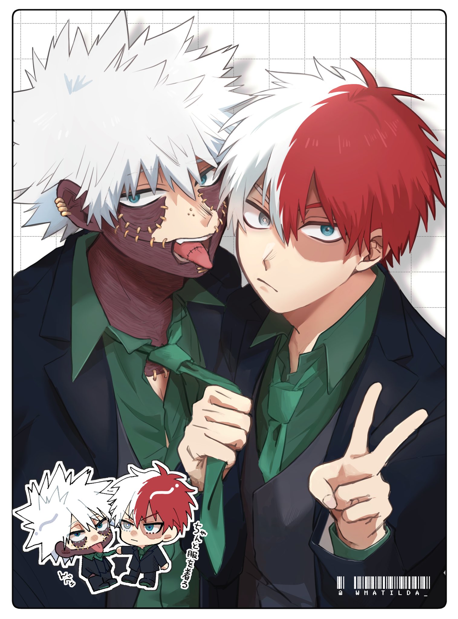 dabi (boku no hero academia), todoroki shoto, boku no hero academia, commentary request, highres, 2boys, blue eyes, border, brothers, burn scar, chibi, closed mouth, clothes grab, collared shirt, ear piercing, green necktie, green shirt, grey eyes, grid background, heterochromia, jacket, looking at viewer, male focus, multicolored hair, multiple boys, necktie, necktie grab, neckwear grab, piercing, red hair, scar, scar on face, shirt, short hair, siblings, split-color hair, stapled, stapled face, stitched tongue, stitches, suit jacket, tongue, tongue out, two-tone hair, upper body, v, white border, white hair, wmatilda