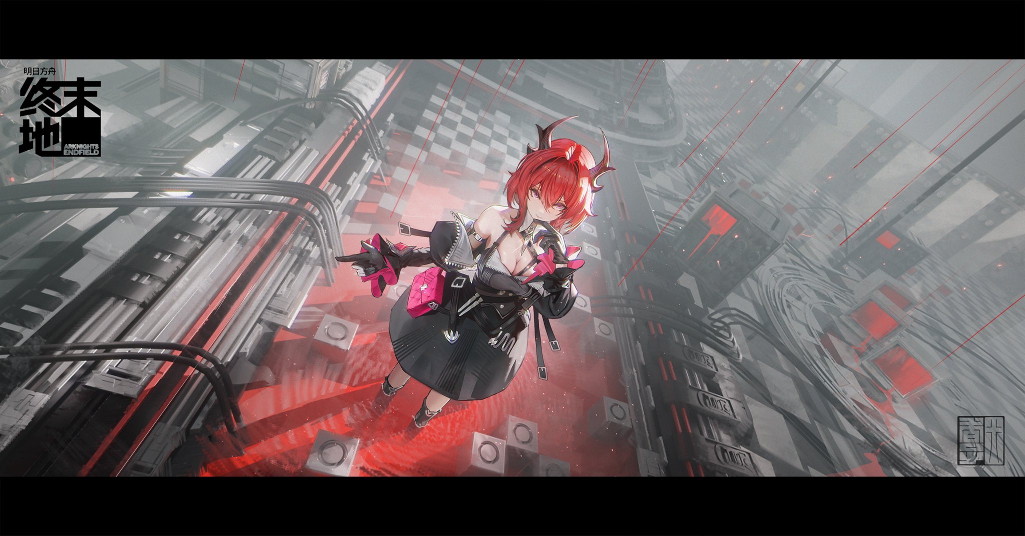 tyhaya, laevatein (arknights), surtr (arknights), arknights, arknights: endfield, chinese commentary, commentary request, highres, translation request, 1girl, bare shoulders, black dress, black horns, breasts, cleavage, closed mouth, copyright name, demon horns, dress, gloves, hair between eyes, hair intakes, horns, large breasts, letterboxed, light smile, long hair, looking at viewer, looking up, purple eyes, red hair, solo, standing, wading