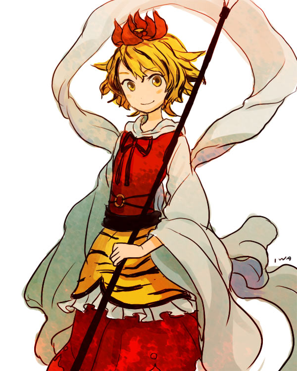 iwamoto zerogo, toramaru shou, touhou, 1girl, animal print, blonde hair, female focus, hair ornament, multicolored hair, polearm, solo, tiger print, weapon, yellow eyes