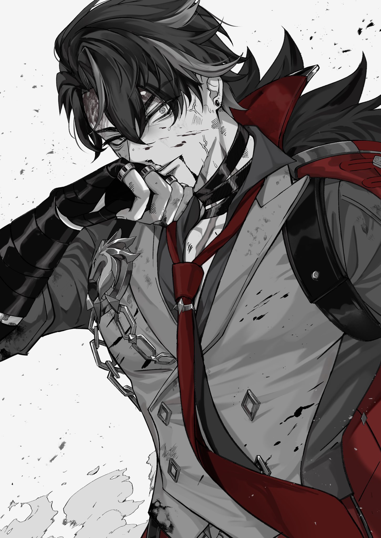 aice alice ice, wriothesley (genshin impact), genshin impact, commentary request, highres, 1boy, bandages, black hair, blood, blood on face, closed mouth, earrings, fingerless gloves, gloves, greyscale, hair between eyes, jewelry, male focus, monochrome, multicolored hair, necktie, partially colored, red necktie, scar, scar on neck, short hair, simple background, solo, streaked hair, upper body, white background