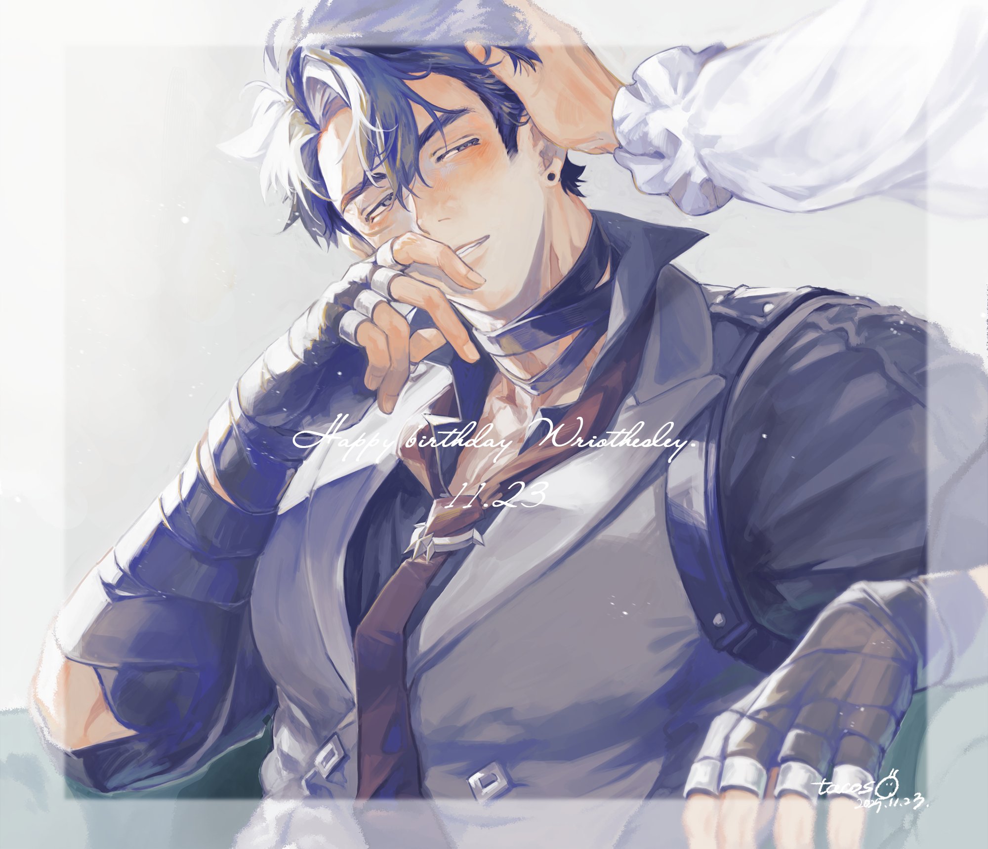 telbo z, neuvillette (genshin impact), wriothesley (genshin impact), genshin impact, commentary request, highres, 2boys, bandaged arm, bandaged neck, bandages, black bandages, black gloves, black hair, dated, earrings, fingerless gloves, gloves, grey hair, hair between eyes, hand on another's head, happy birthday, jewelry, male focus, multicolored hair, multiple boys, necktie, out of frame, parted lips, scar, scar on neck, short hair, sideburns, signature, solo focus, streaked hair, teeth