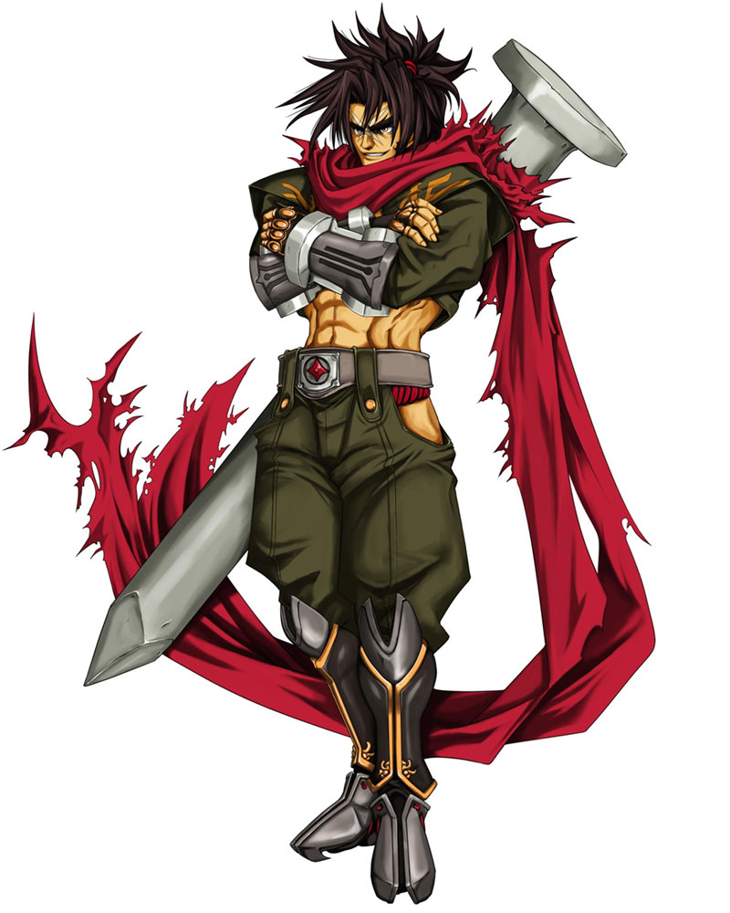 mori toshimichi, shishigami bang, arc system works, blazblue, jpeg artifacts, official art, 1boy, abs, armor, belt, black hair, boots, bracer, crop top, crossed arms, evil grin, evil smile, grin, huge weapon, knee boots, male focus, manly, midriff, muscular, nail (hardware), ninja, pants, ponytail, scar, scarf, simple background, smile, solo, spiked hair, standing, torn clothes, weapon