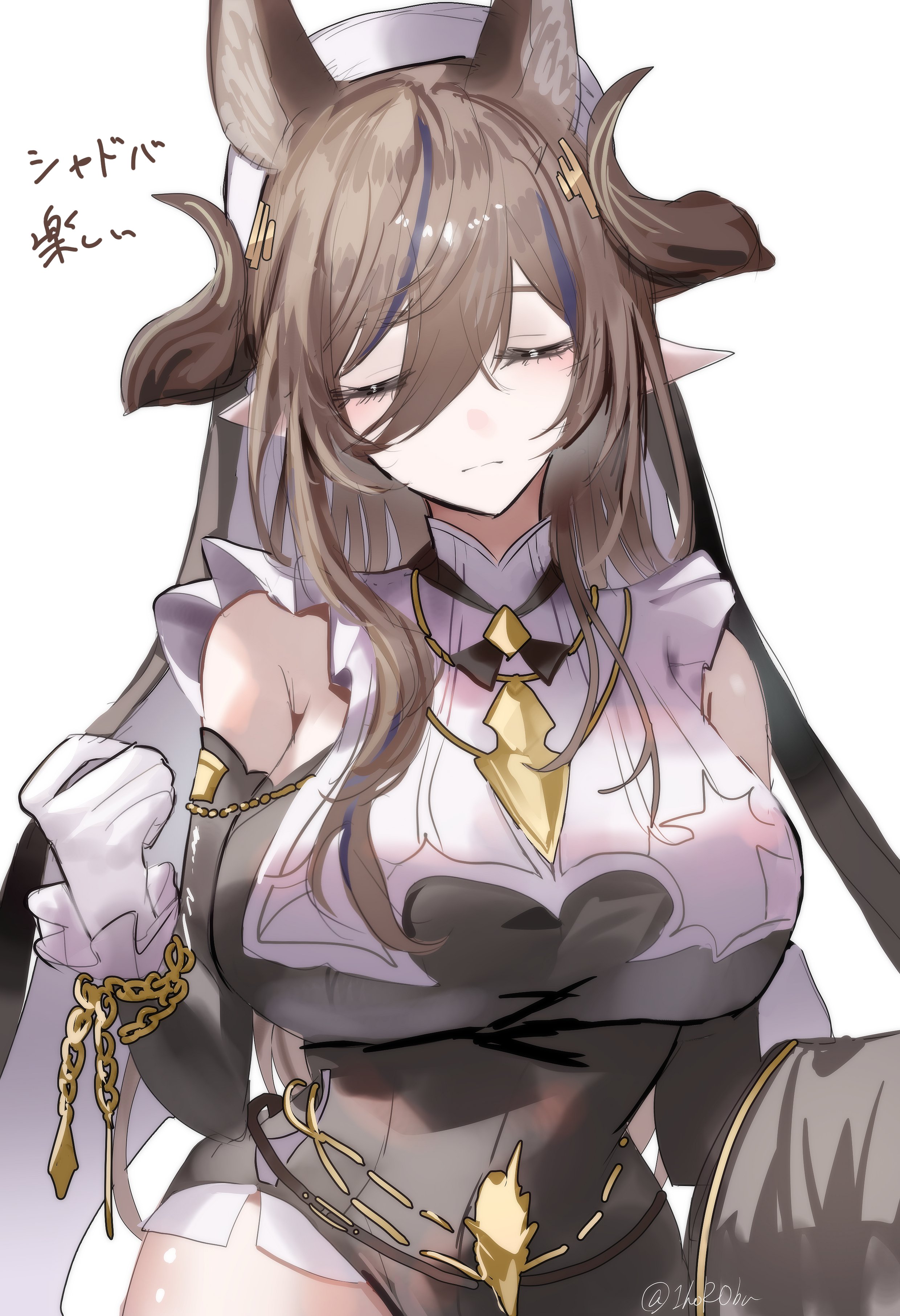 horobu, galleon (granblue fantasy), granblue fantasy, absurdres, highres, 1girl, animal ears, black dress, black sleeves, blue hair, breasts, brown hair, closed eyes, cowboy shot, detached sleeves, dress, gloves, horns, large breasts, pointy ears, simple background, solo, white background, white gloves