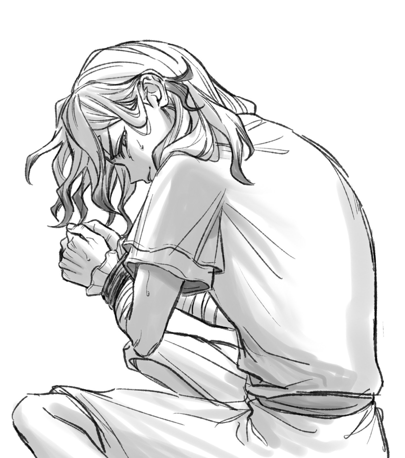 ishigami senkuu, dr. stone, highres, 1boy, bandaged arm, bandages, belt, bound, bound wrists, closed mouth, facial mark, feet out of frame, from behind, from side, gradient hair, greyscale, hair down, half-closed eyes, lips, looking at viewer, looking back, male focus, medium hair, messy hair, monochrome, multicolored hair, on floor, parted lips, profile, short sleeves, simple background, sitting, solo, sweat, sweatdrop, wa wawa ii, white background