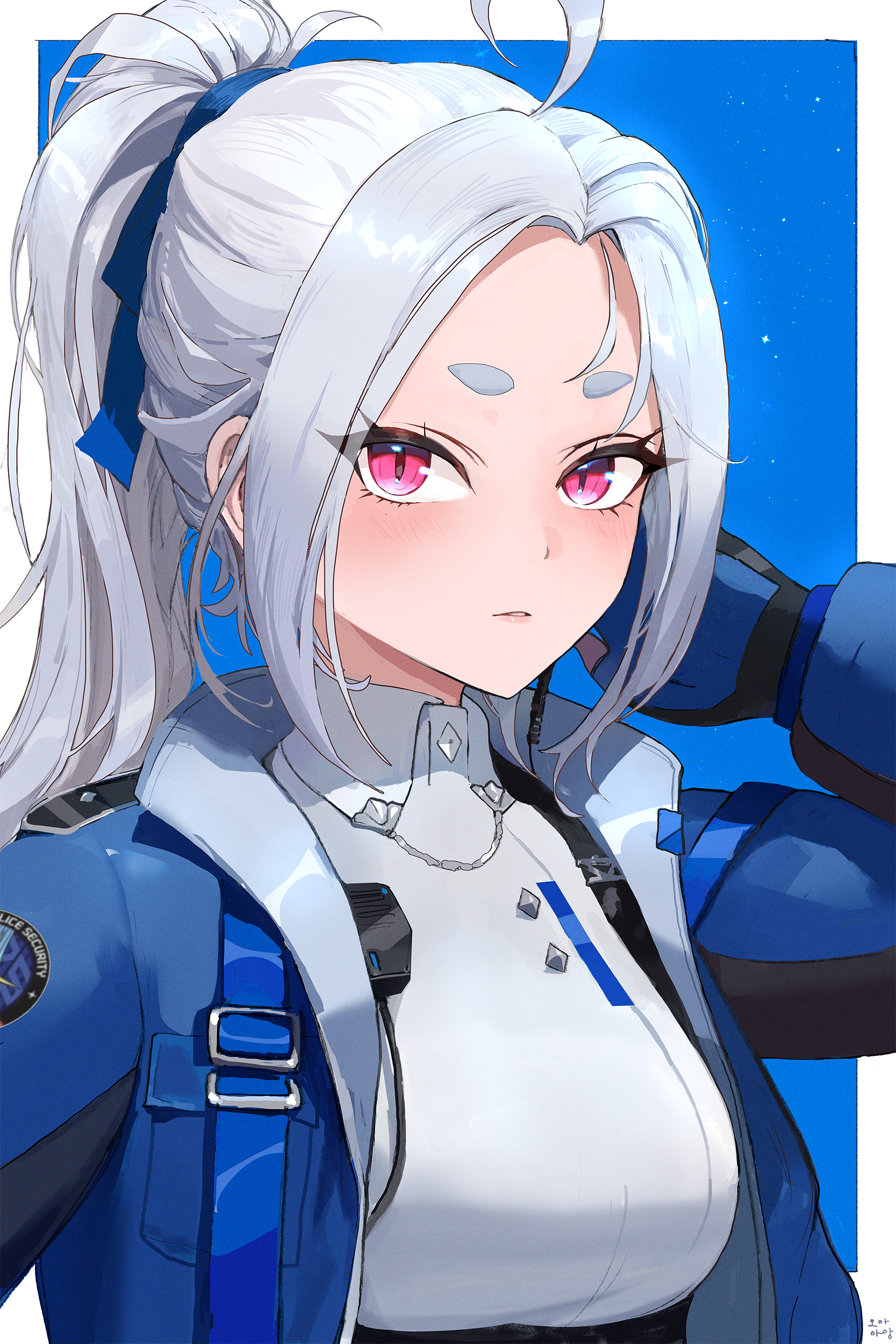 ohaaang, sirian rain, waktaverse, absurdres, highres, 1girl, ahoge, blue gloves, blue jacket, blue ribbon, chest harness, collared shirt, earpiece, gloves, grey hair, grey shirt, harness, jacket, long hair, long sleeves, looking at viewer, open clothes, open jacket, parted bangs, pink eyes, police, ponytail, ribbon, shirt, short eyebrows, solo, upper body, virtual youtuber