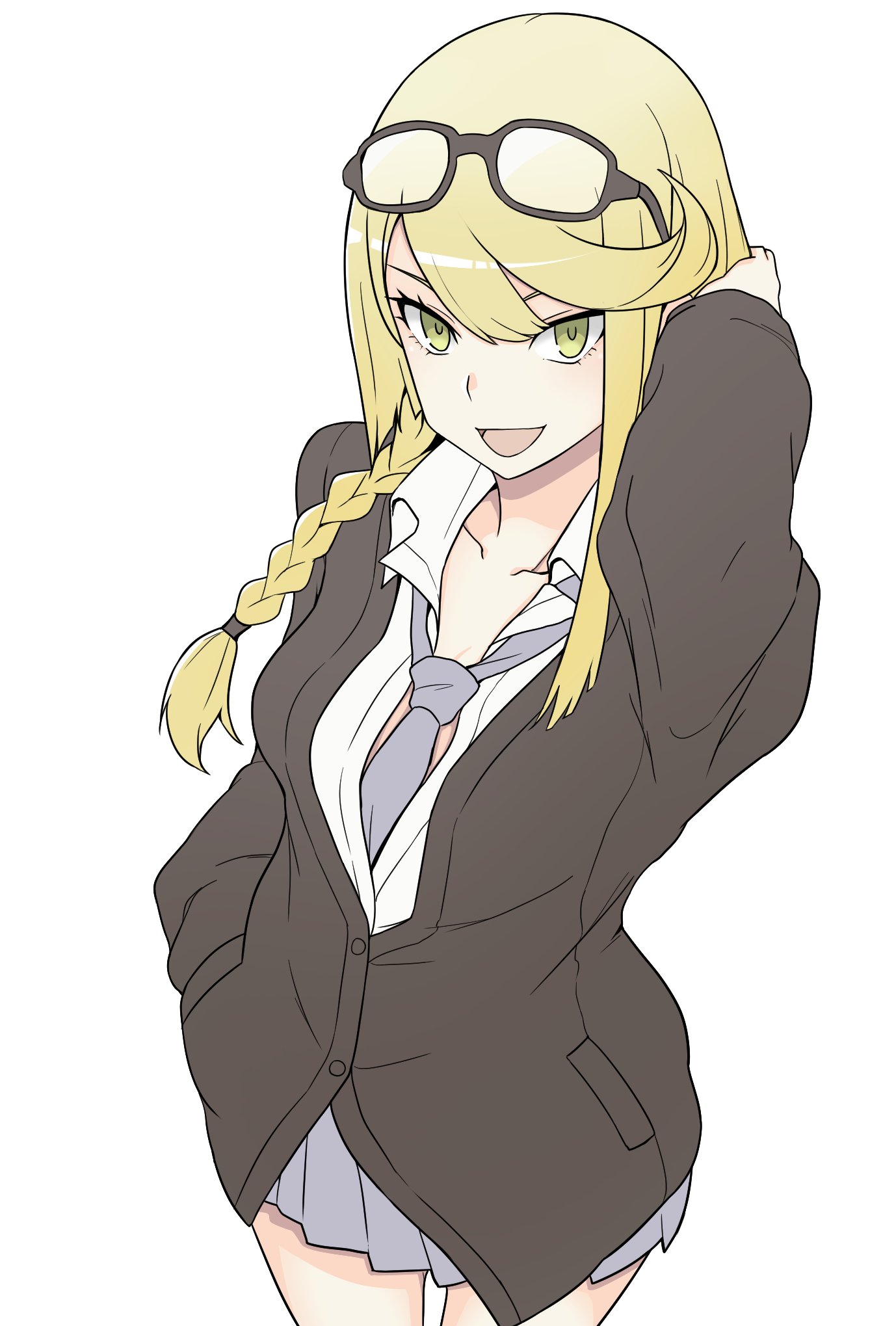 ayu (ddestiny944), kuremi kyouko, digimon, digimon story: time stranger, highres, 1girl, black shirt, breasts, cowboy shot, eyewear on head, grey necktie, grey skirt, hand in pocket, medium hair, miniskirt, necktie, pleated skirt, shirt, simple background, skirt, solo, white background, white shirt