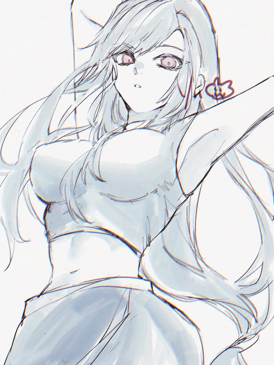 rin 0101010, tifa lockhart, final fantasy, final fantasy vii, final fantasy vii: advent children, commentary request, highres, 1girl, apron, arm behind head, armpits, arms up, bare arms, breasts, crop top, large breasts, long hair, looking at viewer, midriff, monochrome, navel, parted lips, sidelocks, signature, simple background, sleeveless, solo, swept bangs, upper body, vest, waist apron