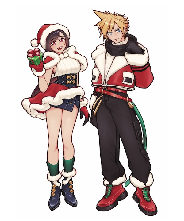 linono, cloud strife, tifa lockhart, tifa lockhart (fairy of the holy flame), final fantasy, final fantasy vii, final fantasy vii: ever crisis, commentary request, 1boy, 1girl, belt, black boots, black gloves, black hair, black pants, black scarf, blonde hair, blue eyes, boots, box, capelet, christmas, closed mouth, cloud strife (holiday outfit), denim, denim skirt, full body, fur-trimmed boots, fur-trimmed capelet, fur-trimmed gloves, fur-trimmed headwear, fur-trimmed jacket, fur-trimmed skirt, fur-trimmed sleeves, fur trim, gift, gift box, gloves, green socks, hat, holding, holding gift, jacket, legs, long hair, looking at viewer, miniskirt, official alternate costume, open mouth, pants, pom pom (clothes), red belt, red boots, red capelet, red eyes, red hat, red jacket, red skirt, santa costume, santa hat, scarf, short hair, skirt, sleeveless, sleeveless turtleneck, socks, spiked hair, standing, sweater, swept bangs, thighs, turtleneck, turtleneck sweater, white background, white sweater