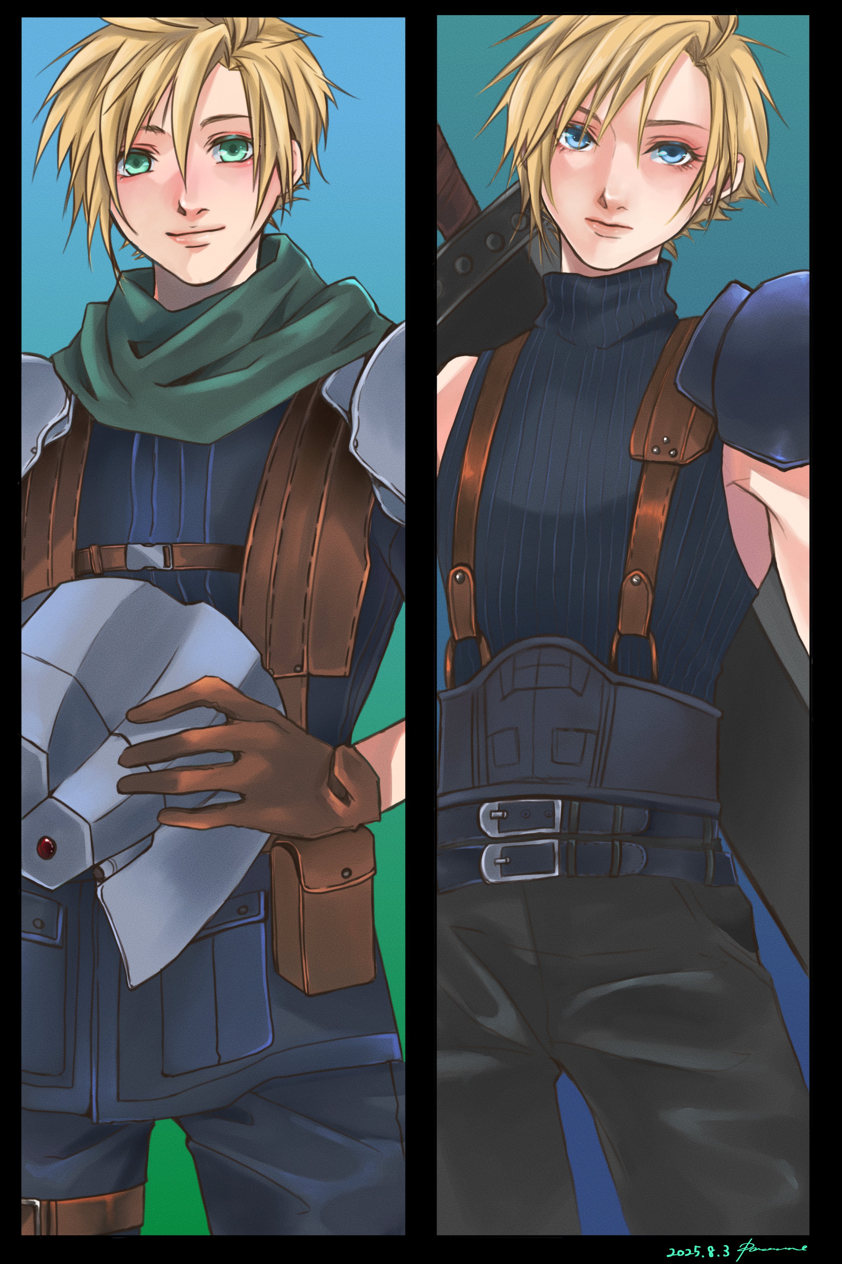 cloud strife, crisis core: final fantasy vii, final fantasy, final fantasy vii, final fantasy vii remake, absurdres, commentary, highres, 1boy, age progression, armor, belt, belt buckle, blonde hair, blue eyes, blue jacket, blue pants, brown gloves, buckle, buster sword, closed mouth, cowboy shot, gloves, green scarf, hair between eyes, helmet, holding, holding unworn helmet, jacket, looking at viewer, male focus, multiple belts, multiple views, official alternate costume, pants, ribbed sweater, scarf, shinra infantry uniform, short hair, shoulder armor, sleeveless, sleeveless turtleneck, smile, spiked hair, suspenders, sweater, sword, sword on back, turtleneck, turtleneck sweater, unworn headwear, unworn helmet, weapon, weapon on back, you ameno