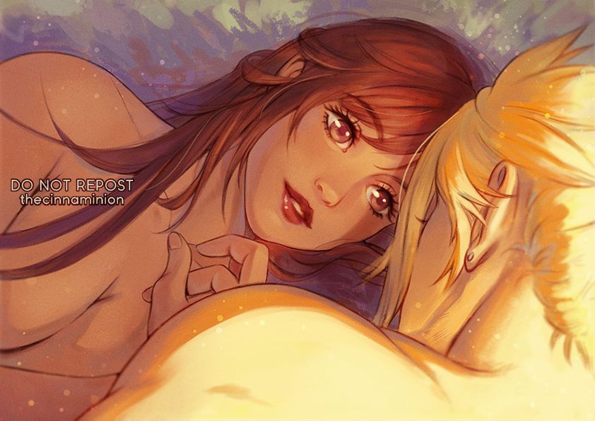 thar chandran, cloud strife, tifa lockhart, final fantasy, final fantasy vii, commentary, english commentary, 1boy, 1girl, armpit crease, blonde hair, breasts, brown eyes, brown hair, cleavage, close-up, collarbone, couple, earrings, eyelashes, from behind, grass, hetero, jewelry, large breasts, lips, long hair, looking at another, lying, morning, nude, on side, outdoors, parted lips, red lips, short hair, sleeping, spiked hair, stud earrings, swept bangs, twitter username, upper body