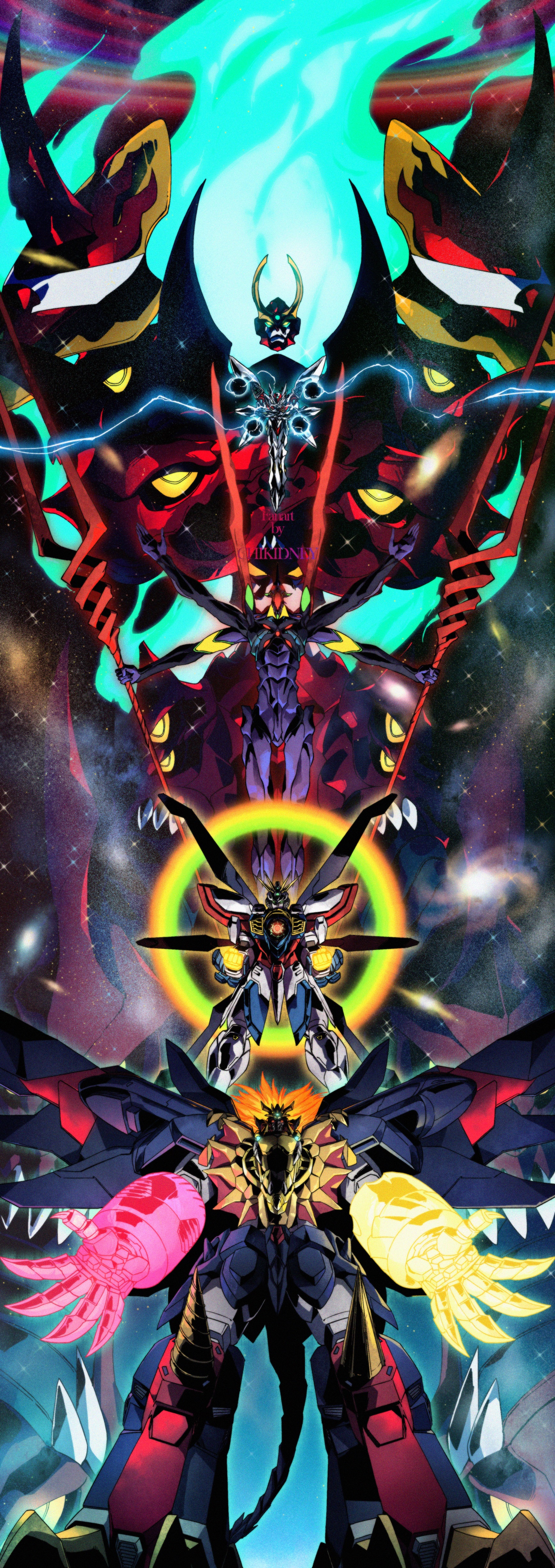 chikidney, eva 13, genesic gaogaigar, god gundam, tengen toppa gurren-lagann (mecha), evangelion: 3.0 you can (not) redo, g gundam, gundam, neon genesis evangelion, rebuild of evangelion, tekkaman blade, tengen toppa gurren lagann, yuusha ou gaogaigar final, yuusha series, absurdres, highres, crossover, energy ring, extra arms, glowing, glowing eyes, glowing hands, lance of longinus (evangelion), mechanical wings, multiple crossover, open mouth, space, tail, tekkaman blade (character), wings