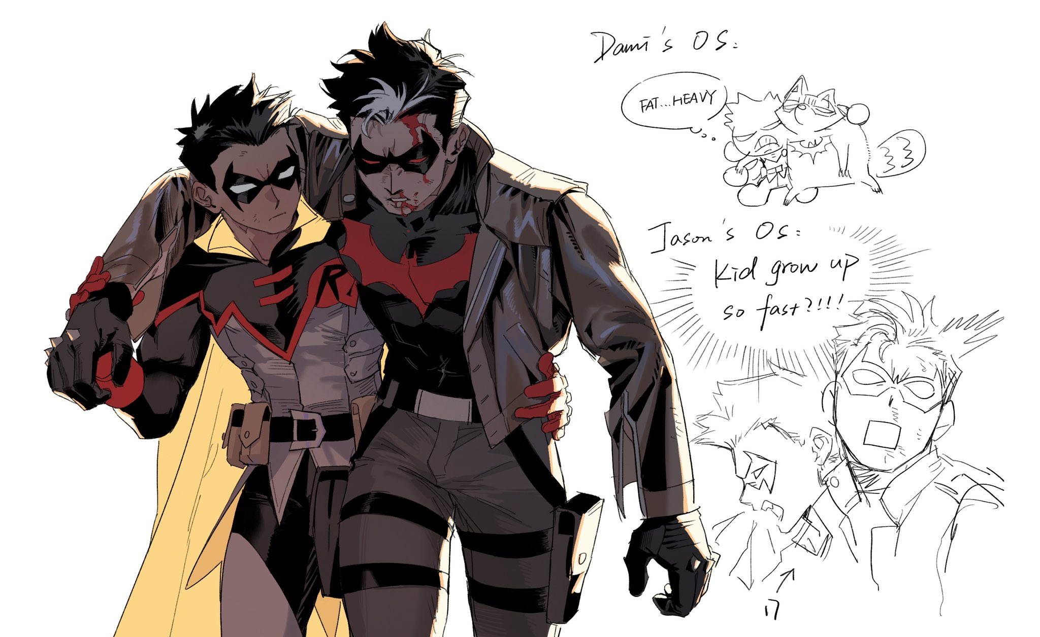 3000zialg, damian wayne, jason todd, red hood (dc), robin (dc), batman (series), dc comics, red hood and the outlaws, highres, bat signal, batman symbol, bodysuit, grey bodysuit, jacket, long sleeves, male focus, multicolored bodysuit, multicolored hair, pants, short hair, simple background, streaked hair, taut bodysuit, two-tone bodysuit, white background