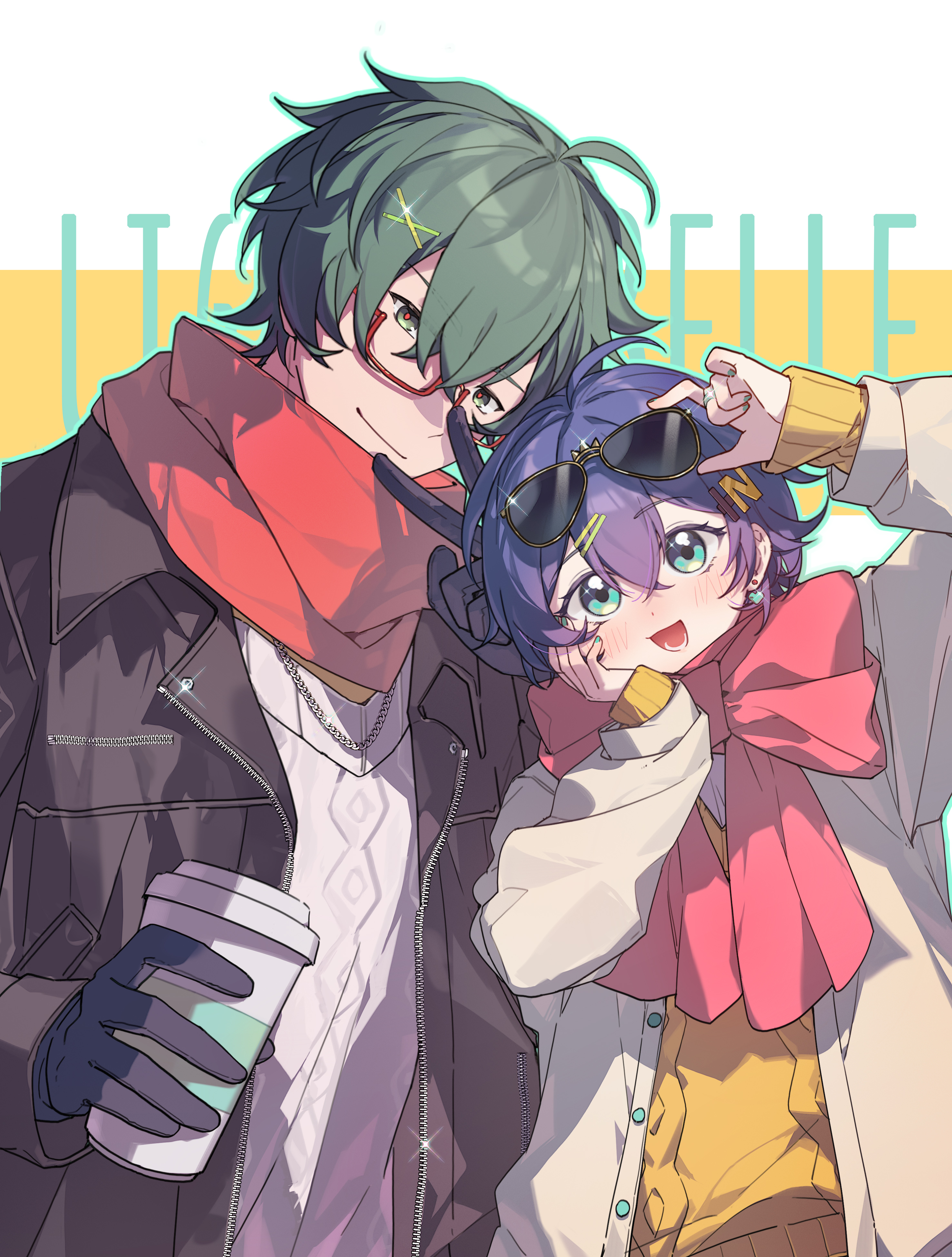 belle (zenless zone zero), lighter (zenless zone zero), zenless zone zero, absurdres, highres, 1boy, 1girl, adjusting eyewear, ahoge, alternate costume, aqua nails, black gloves, black jacket, blue eyes, blue hair, blush, borrowed accessory, chain, chain necklace, character name, closed mouth, crossed bangs, cup, earrings, glasses, gloves, green eyes, green hair, hair between eyes, hair ornament, hairclip, hand on own cheek, hand on own face, hand up, head tilt, holding, holding cup, jacket, jewelry, letter hair ornament, looking at viewer, necklace, open clothes, open mouth, rainzz550793, red pupils, red scarf, scarf, short hair, smile, sparkle, sunglasses, sweater, two-tone background, unzipped, upper body, v, white background, white jacket, white sweater, yellow background, yellow sweater