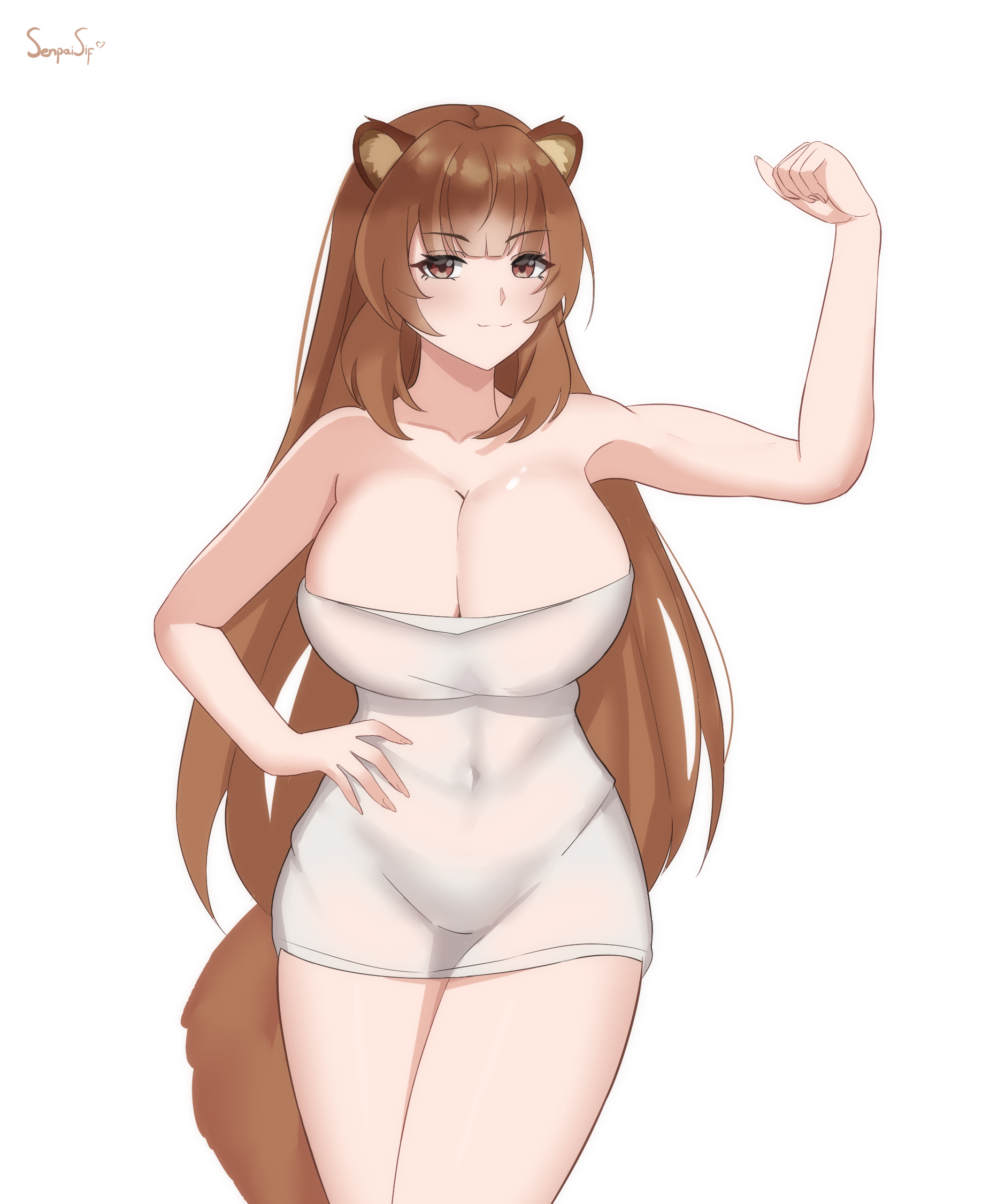senpaisif, raphtalia, tate no yuusha no nariagari, commentary, highres, 1girl, alternate breast size (larger), alternate eye color, animal ear fluff, animal ears, arm up, artist name, biceps, blunt bangs, breasts, brown eyes, brown hair, closed mouth, collar, covered navel, cowboy shot, eyelashes, flexible, groin, large breasts, long hair, looking at viewer, naked towel, raccoon ears, raccoon girl, raccoon tail, signature, simple background, smile, solo, straight hair, tail, towel, white background